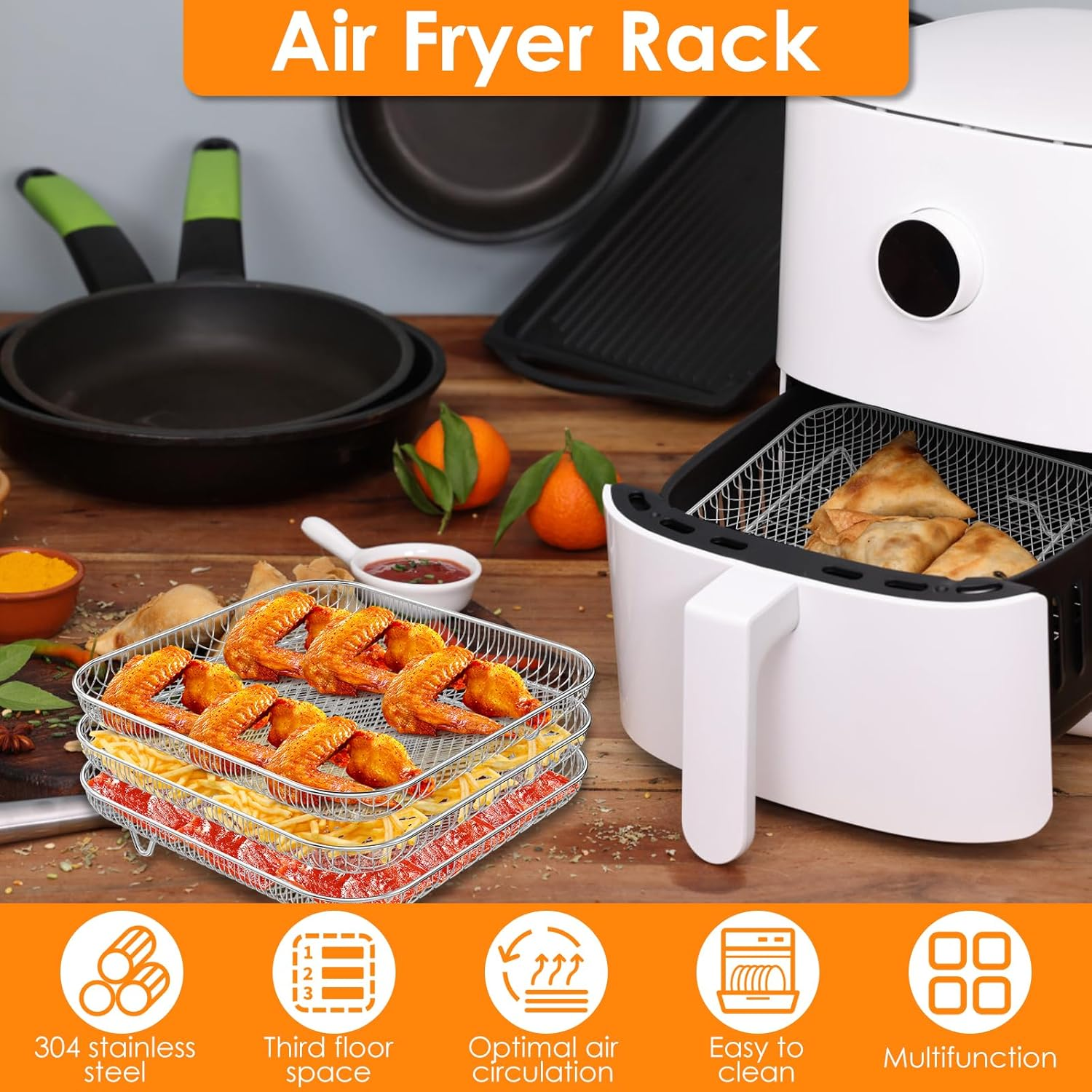3Pack Air Fryer Racks 8 Inch Square Air Fryer Dehydrator Rack with Clip Stainless Steel Air Fryer Basket with Silicone Feet Stackable Kitchen Dehydrator Rack for Baking and Cooking image number 3