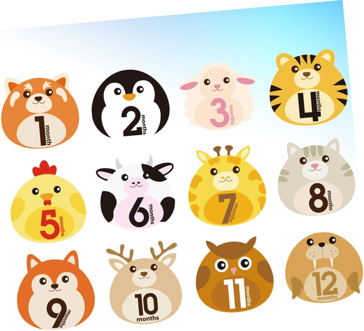 12 Sheets Monthly Stickers with Animal Designs Self-Adhesive Milestone Decals for Newborn Boy Girl Reusable Non-Staining Growth Markers for Photo Albums and Memory Keepsakes image number 1