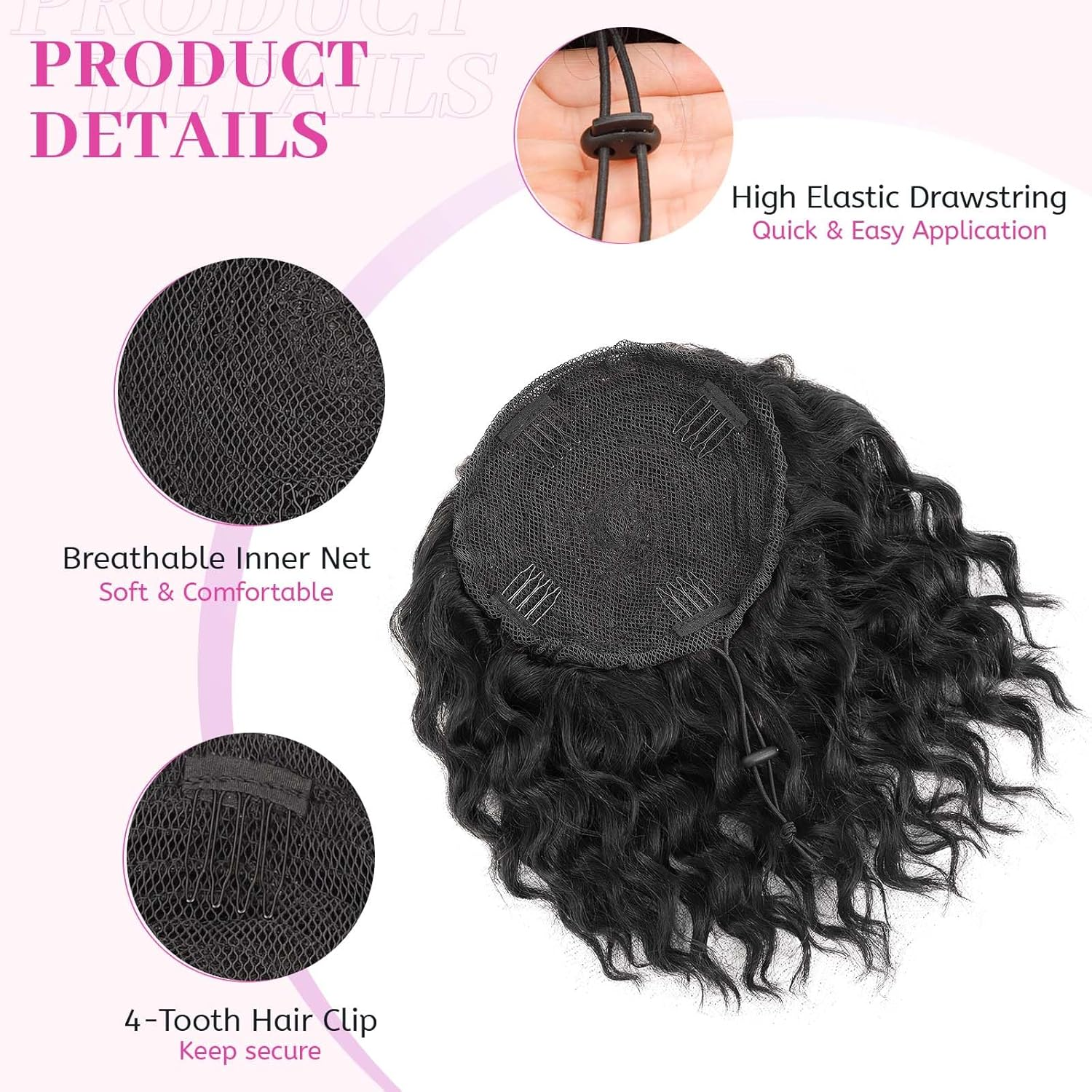 Isaic Ponytail Extension 8 Inch Short Wavy Curly Ponytails Drawstring Ponytail for Black Women Jet Black Pony Tails Hair Extensions Synthetic Hairpiece for Daily Use image number 5