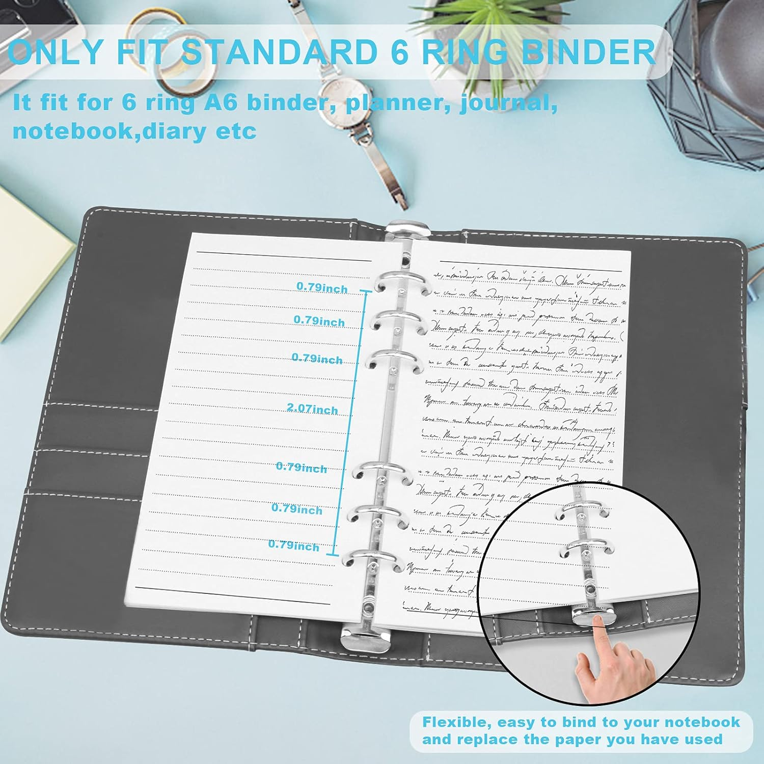 Kincown A6 Refill Paper, 6 Ring Loose Leaf Paper, 180 Sheets (360 Pages) Thick A6 Paper Lined Paper, 6 Hole A6 Ruled Paper Refills for Binder Planner Journal Notebook - Line image number 6