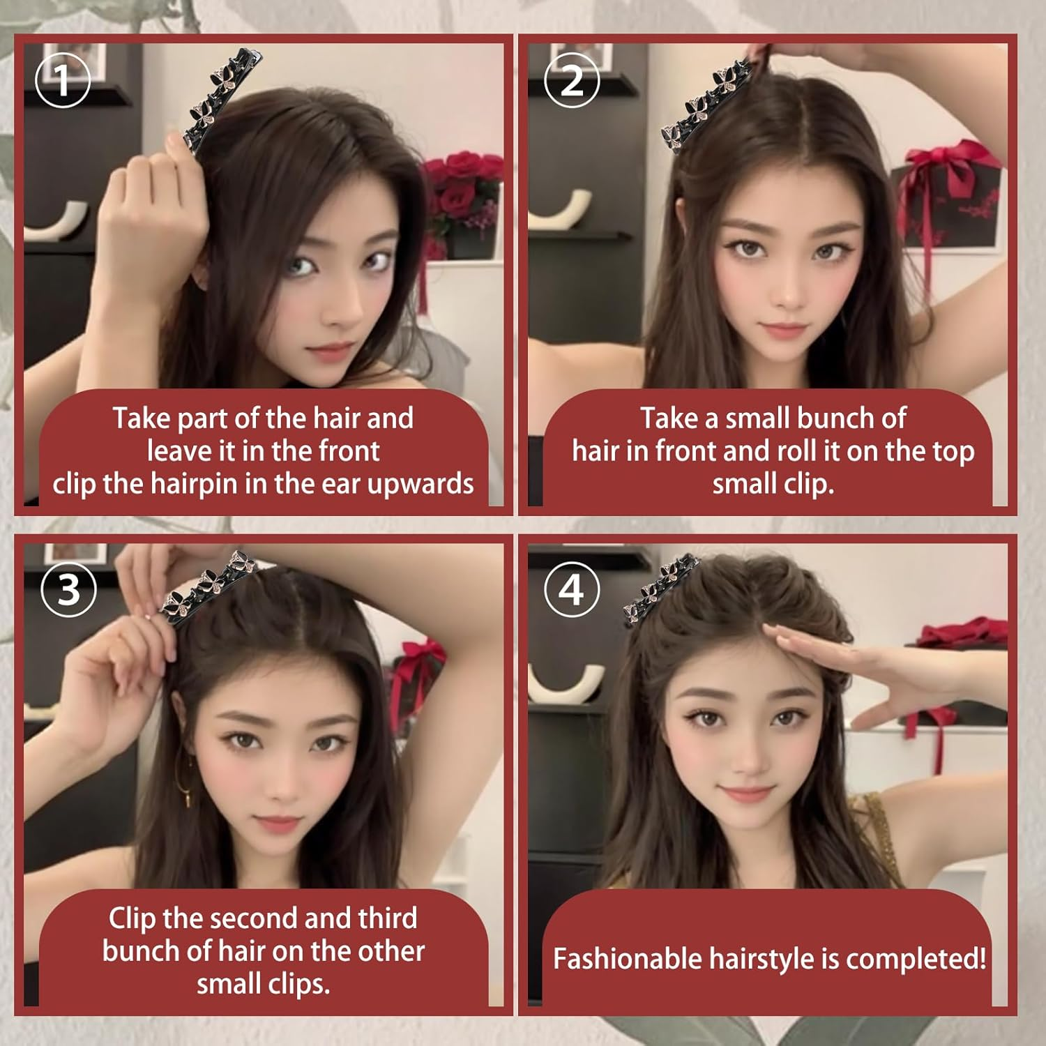 WATUNID 16 Pieces Glitter Crystal Stone Braided Hair Clips, Rhinestone Pearl Four Leaf Clover Rose Flower Double Layer Section Hair Clip with 3 Small Clips, Hair Accessories for Women image number 3