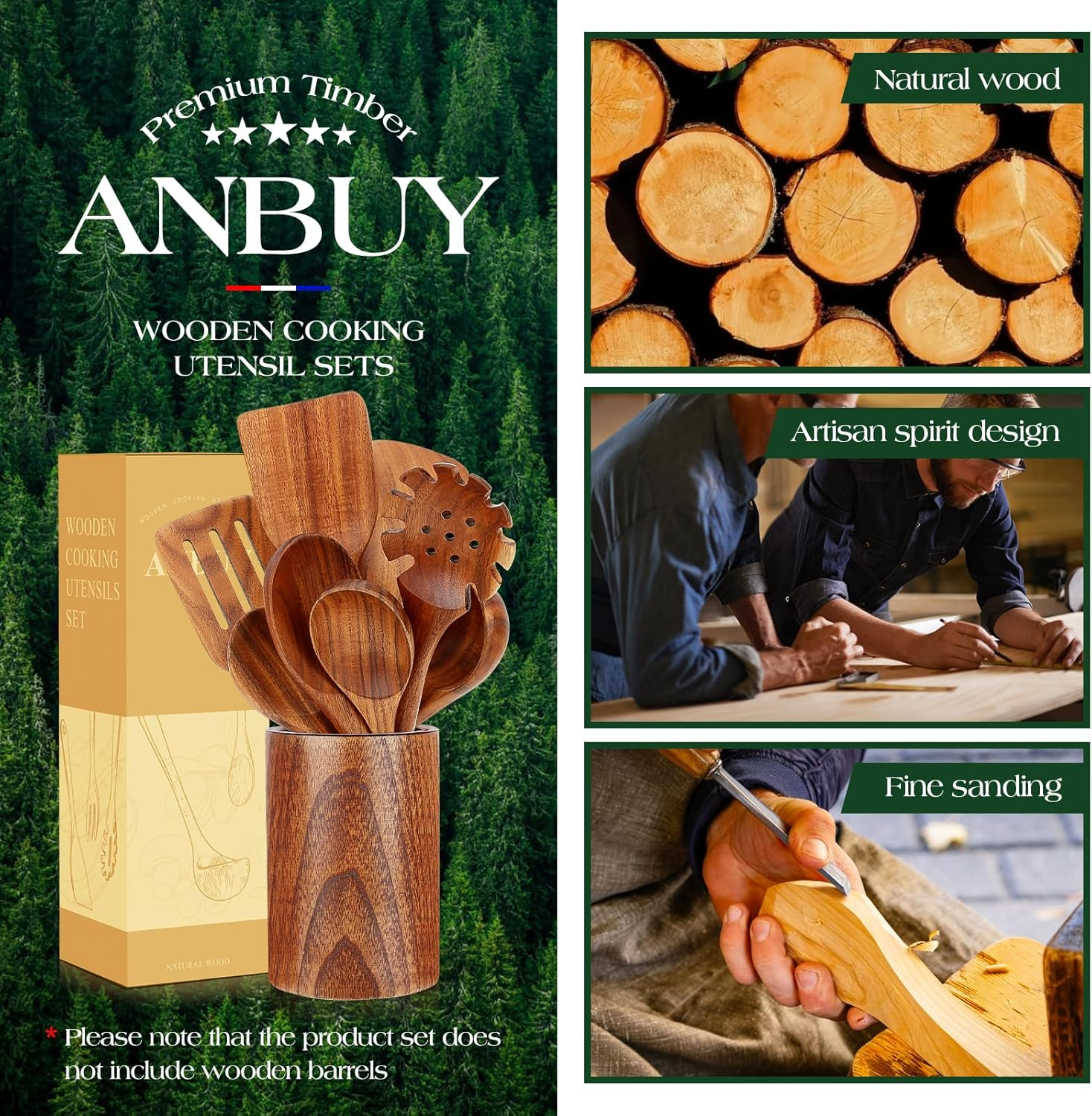 Teak Wooden Kitchen Utensil Set - Non-Toxic Wood Cooking Utensils, Wood Utensils, Wooden Utensil Set (10PCS), Heat-Resistant for Home Kitchen image number 2