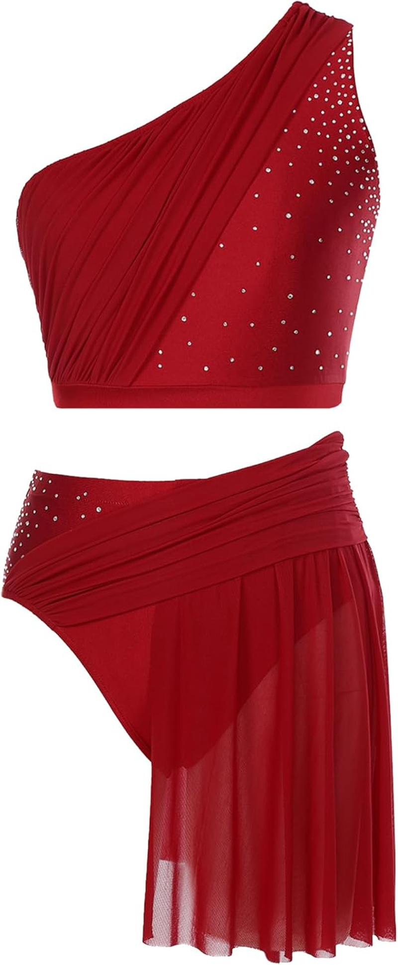 Womens Lyrical Dance Outfit One Shoulder Shiny Rhinestones Crop Top with Mesh Skirted Briefs