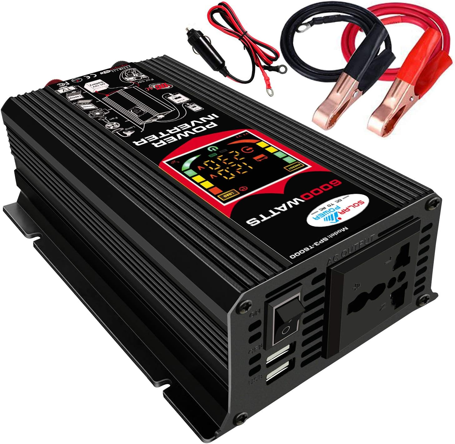 LAPOOH Modified Sine Wave Inverter High Frequency 6000W Power Watt Power Inverter DC 12V to AC 220V Converter Car Power Inverter with 2.1A Dual USB Port Battery Clips Car Cigarette Plug LCD Display