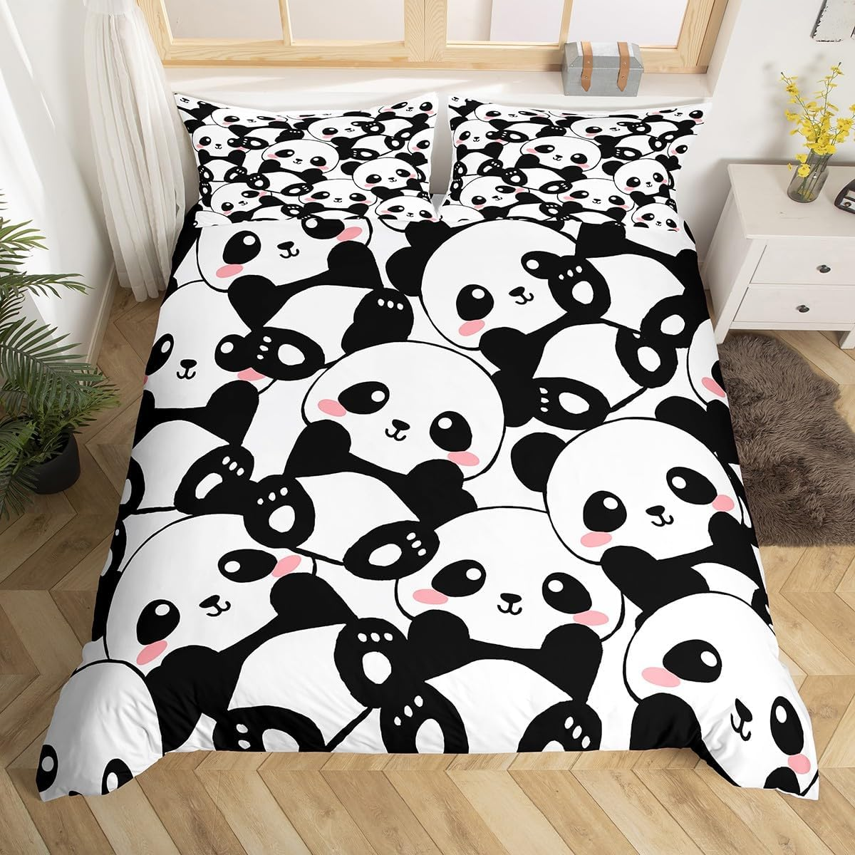 Erosebridal Kid Duvet Cover Twin, Cute Panda Bedding Set for Bedroom Decor, Kawaii Black White Bear Comforter Cover, Giant Panda Bedding Comforter Set, Cartoon Bedding Set for Childern Boys Girls image number 2