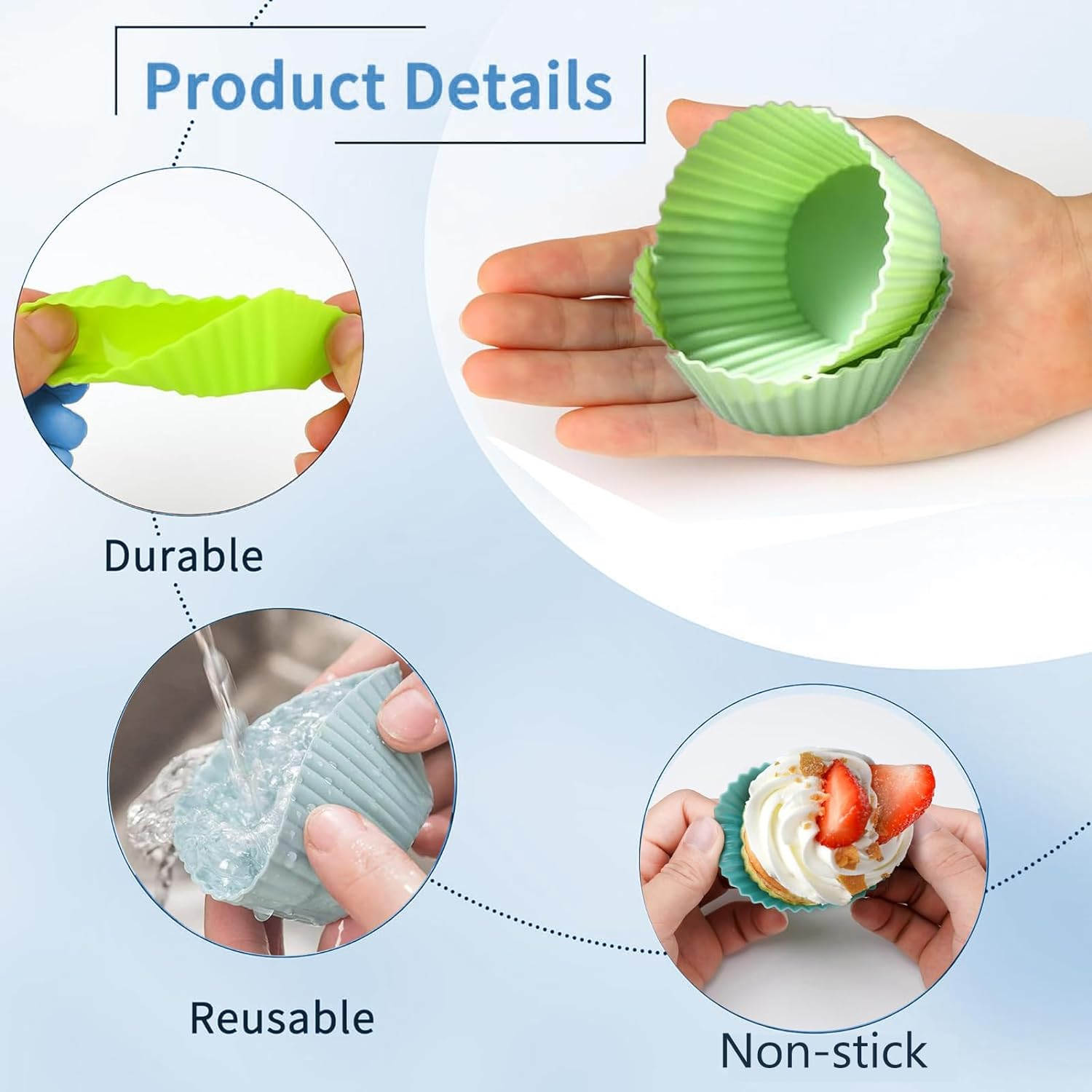 Silicone Cupcake Liners, 48 Pack Reusable Baking Cups, Non-Stick, Heat-Resistant, Round, Square, Rectangular, Green, Perfect for Birthdays, Baby Showers, Social Occasions image number 2