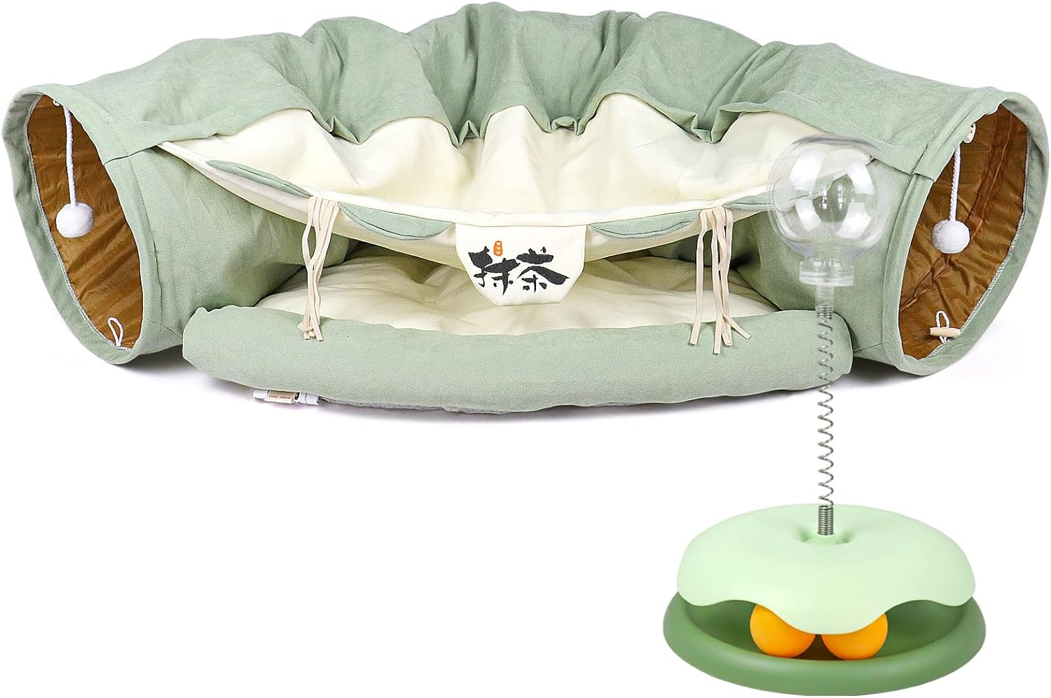 BOMEI Pack Cat Tunnels for Indoor Cats,Collapsible Cat Tunnel Tubes Toys with Removable Mat， 2-In-1 Cat Tunnel Bed with Cat Toys for Cats,Rabbits (Green)