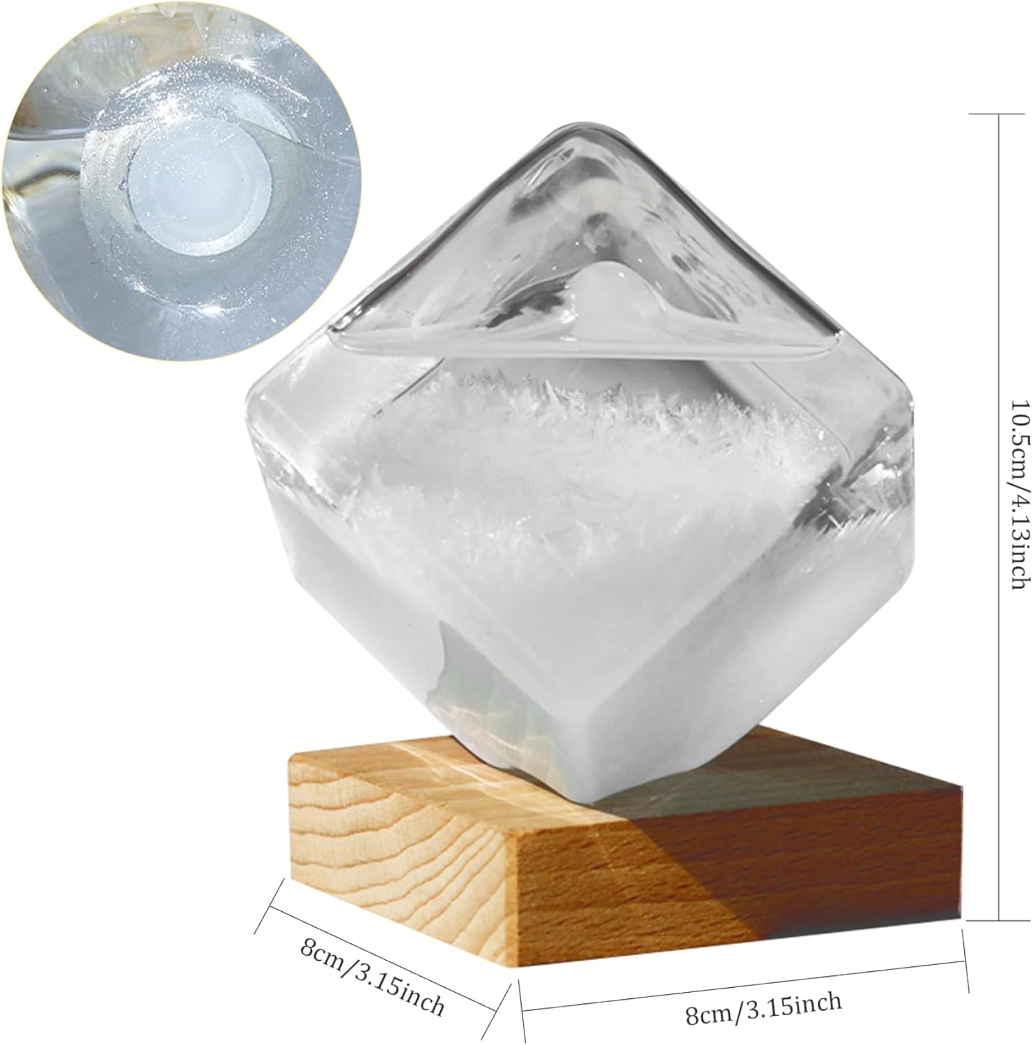 Storm Glass Weather Predictor, 4Inch Transparent Cube-Shape Storm Glass with Wooden Base, Desktop Weather Predictor for Home Office Decorations