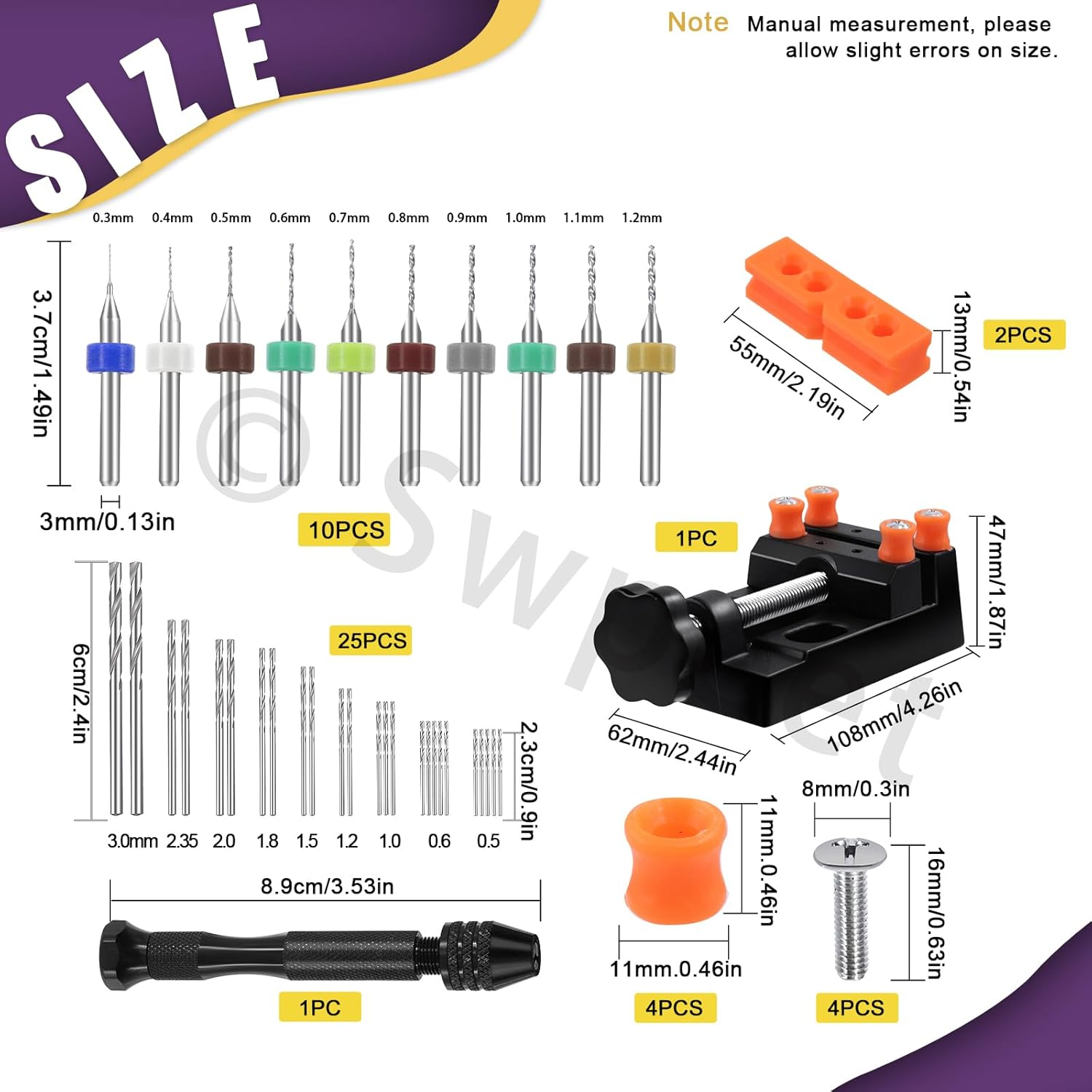 Swpeet 47 Pieces Hand Drill Bits Set Include Mini Bench Vice with Clamps, Pin Vise Hand Drill, Twist Drills and Mini Drills Assortment Kit, Woodworking Hand Bits Set for DIY (0.3-1.2Mm Color Bits) image number 5