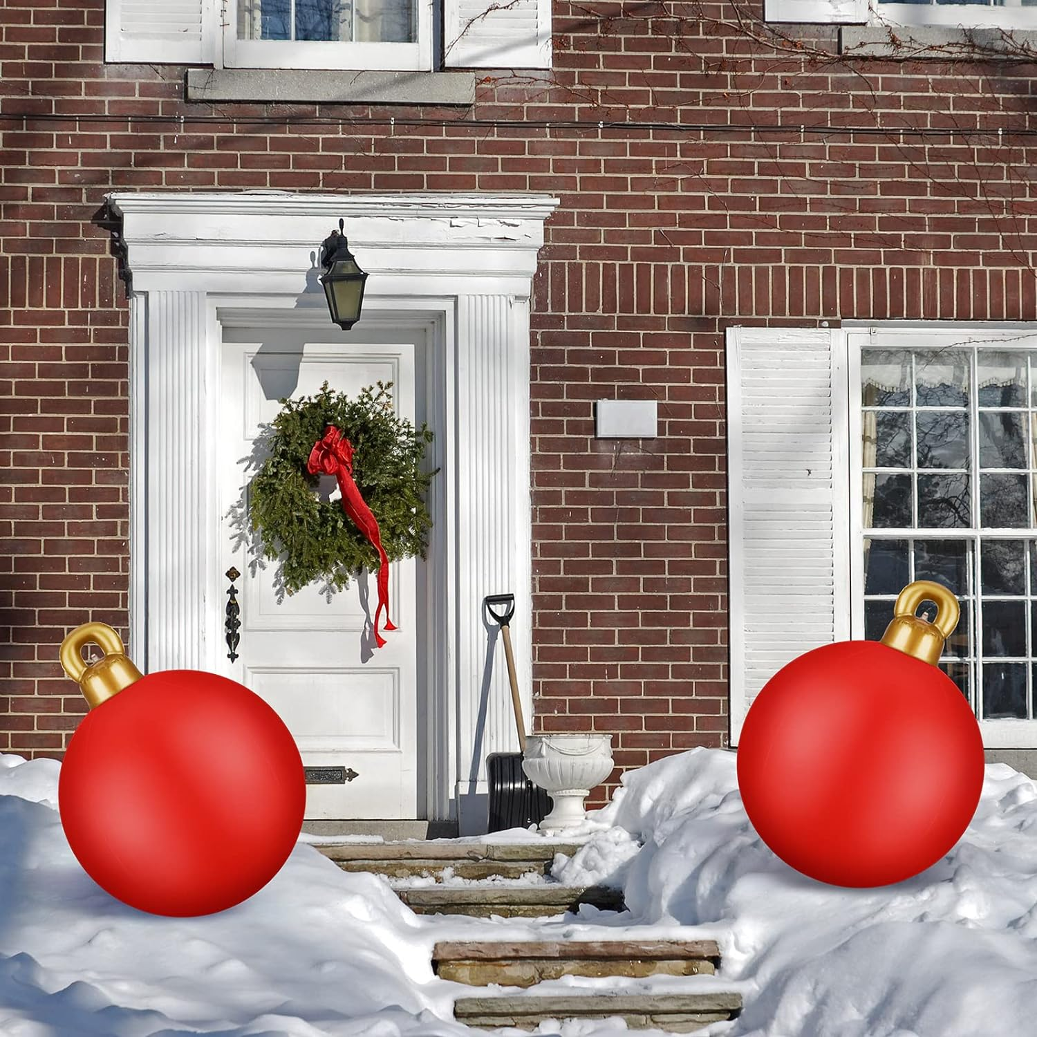 2 Pieces 32 Inch Giant PVC Inflatable Christmas Decorated Ball Ornaments Outdoor Large Xmas Blow Ball Decorations for Christmas Themed Party Ornaments(Solid,Red) image number 3