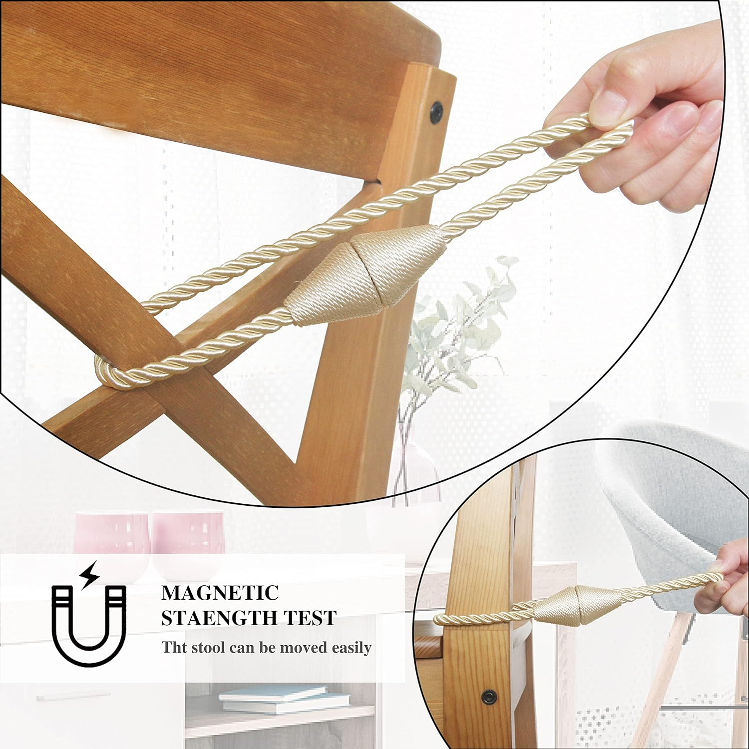 Nieffeiy 2 Pack Magnetic Curtain Tiebacks Rope Modern Handmade Curtain Tie Backs Decorative Drapes Weave Holdbacks for Window D&eacute;cor, Beige image number 4