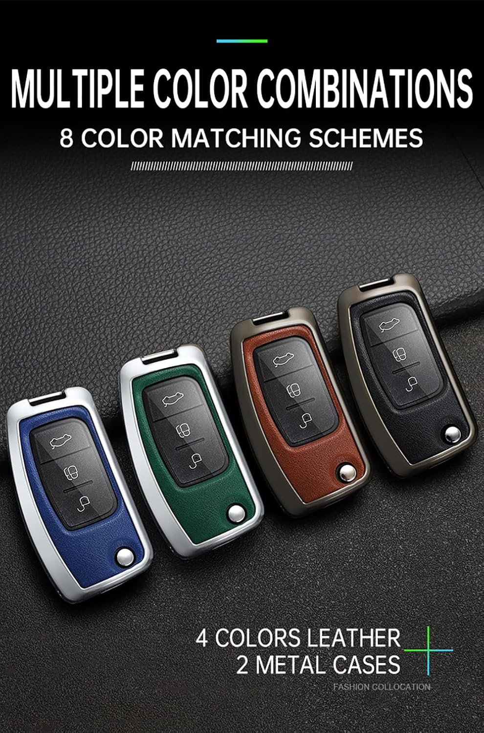 Ontto Alloy Car Key Fob Cover Fit for Ford Focus 2 MK2 Fiesta Mondeo Galaxy Falcon Territory Ecosport 3 Buttons Smart Leather Key Case Keyring Key Shell Holder Bag Keychian - Black image number 2