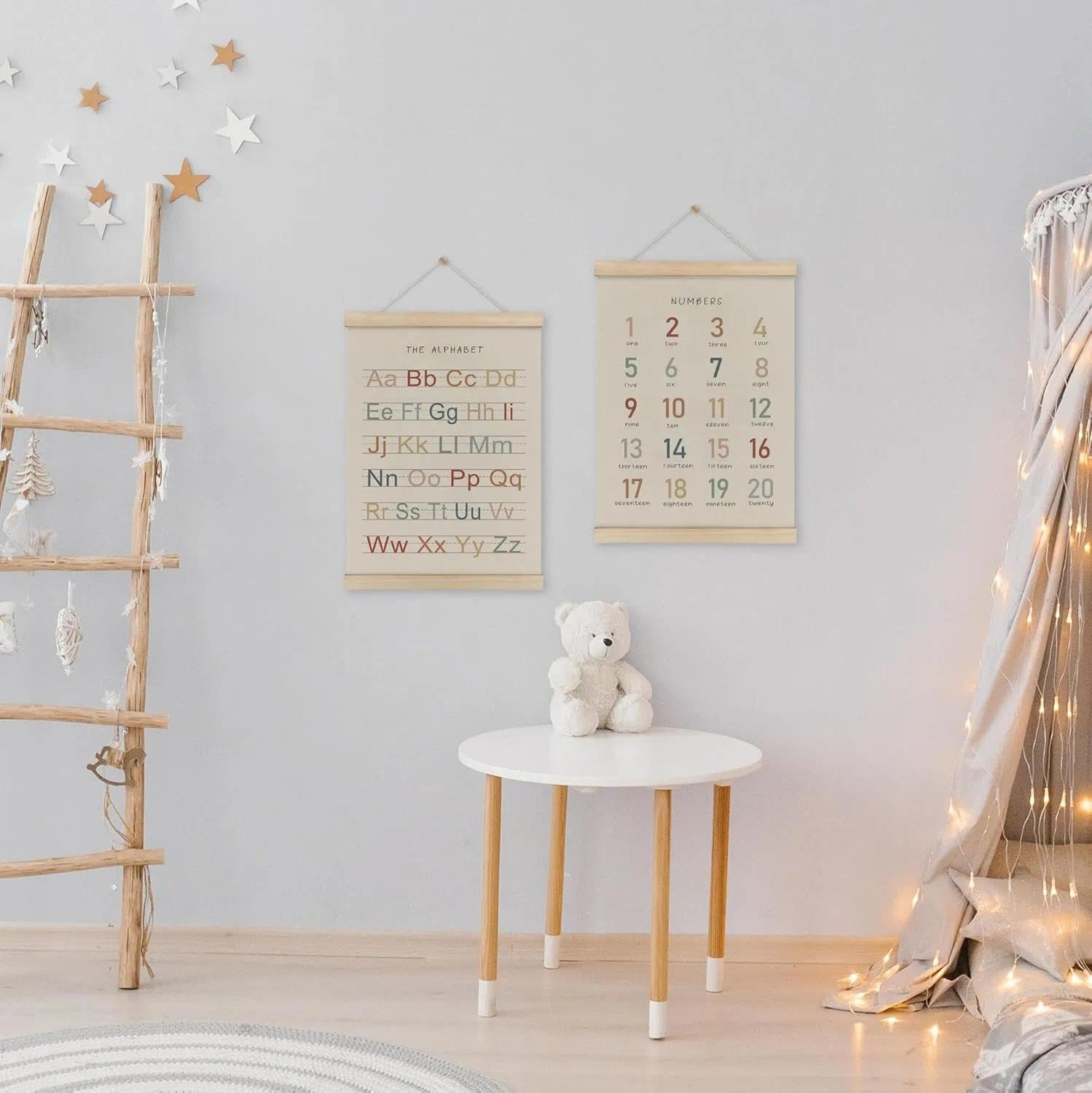 Alphabet Numbers Poster Hanger for Nursery & Kids Room Decor - 12X16 Inch (30X40 Cm) Wooden Frame with Twine, Educational Wall Art for Toddlers, Classrooms & Playroom CRFY