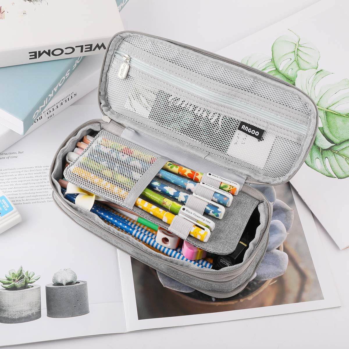 Isuperb Pencil Case Large Capacity Student Canvas Pencil Case Storage Bag Double Zipper Pencil Box for School, Light Grey, Modern image number 4