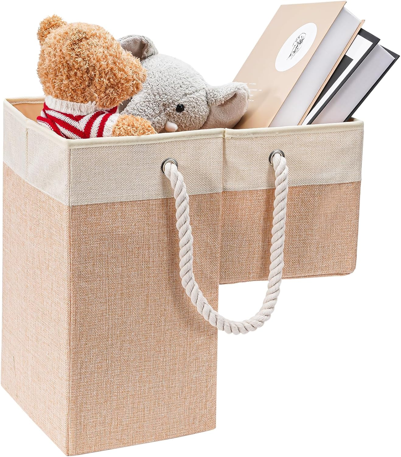 Puricon 2 Pack Stair Basket for Wooden Stairs, Stair Flax Step Storage Basket with Rope Handles Foldable Durable Staircase Storage Organizer for Home Carpeted Stairs -Apricot image number 1