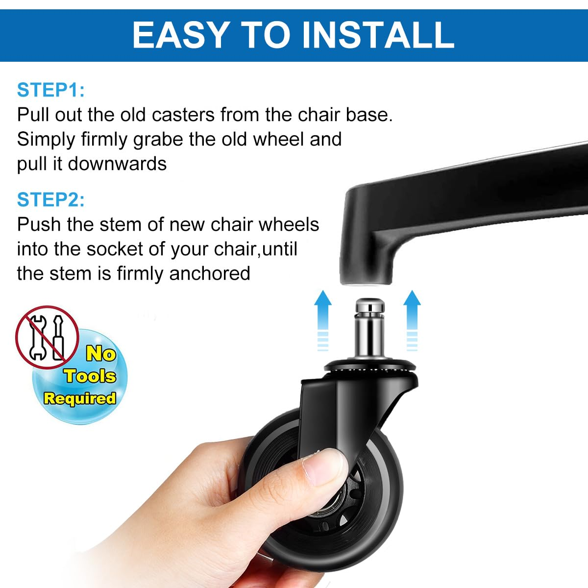 Office Chair Wheels, 3 Inch Heavy Duty Casters for All Floors, Universal 11X22Mm Stem, Set of 5, Black image number 2