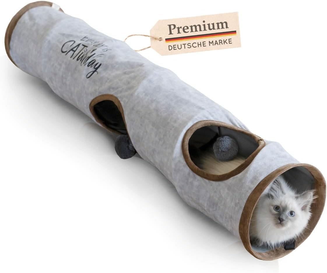 Karaluna Premium Cat Tunnel 120 X 24 Cm I 3 Peep-Holes & Play Balls I Cat Play Tunnel Foldable Cat Toy Cat Tunnel Rustling Tunnel Cave Roll Cat Tunnel Cat Grey Rabbit XXL image number 2