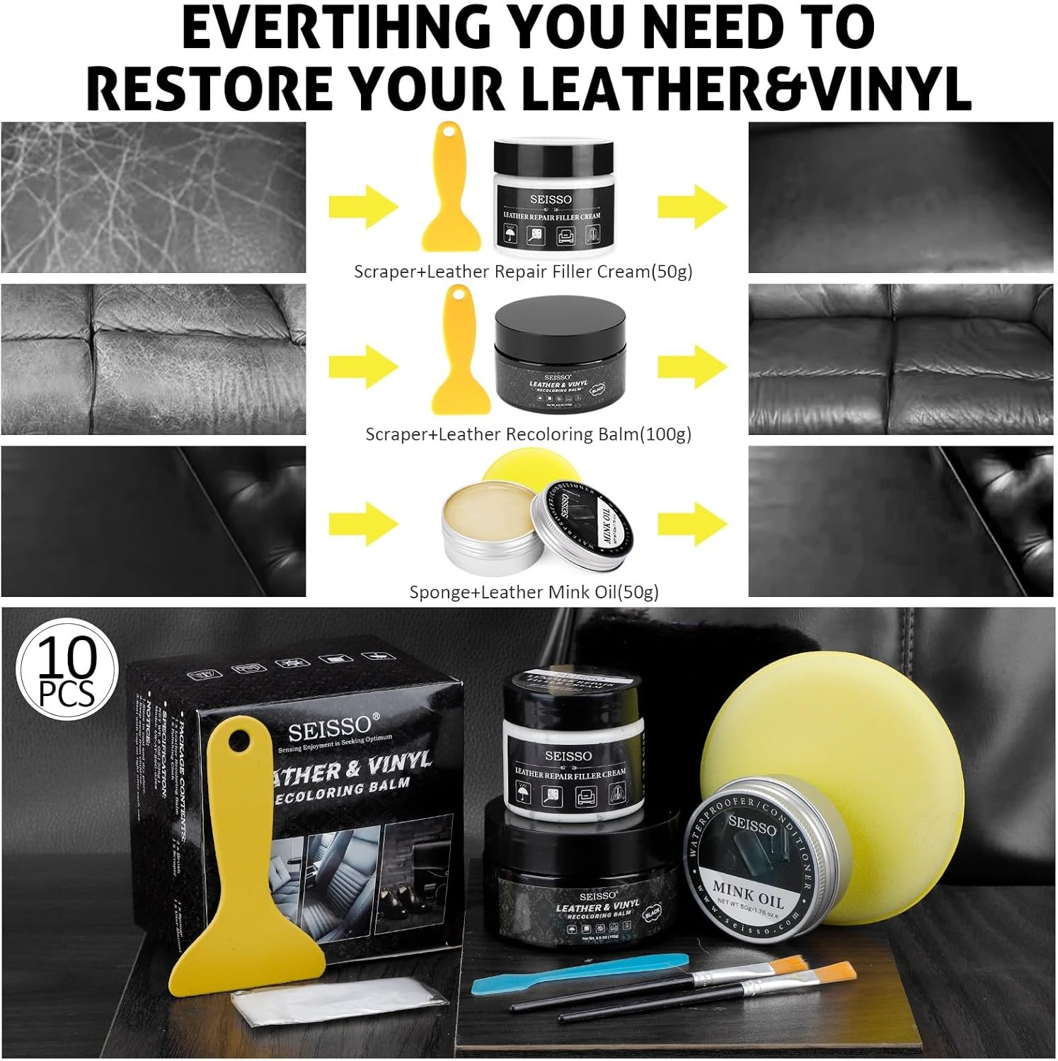 SEISSO Dark Black Leather Repair Kit, Recolouring Balm Restore Furniture Scratches and Fading with Mink Oil for Car Seats Sofas and Shoes image number 1