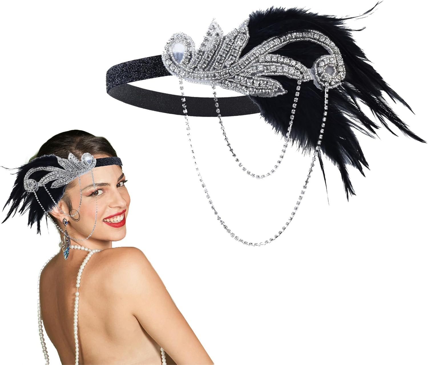 Lopsity Women 1920S Flapper Headband Rhiestones Headpiece 1920'S Fashion Bling Rhinestone Hair Accessories for Women Girls Gatsby Themes Costume Prom Party Decoration (Black, L)