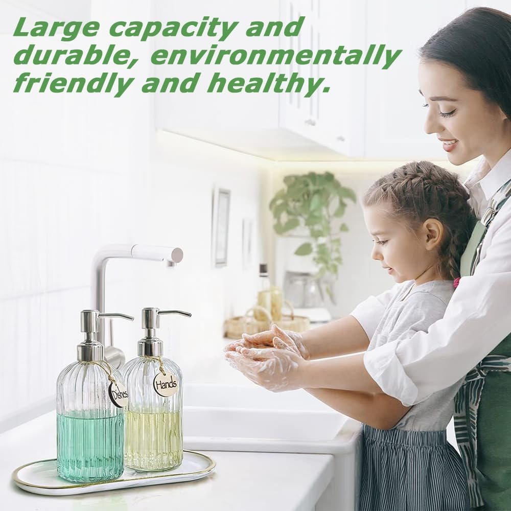 18 Oz Glass Soap Dispenser with Rust Proof Stainless Steel Pump, Refillable Hand Soap Dispenser with Vertical Stripe, Premium Bathroom Soap Dispenser for Kitchen & Bathroom. image number 2