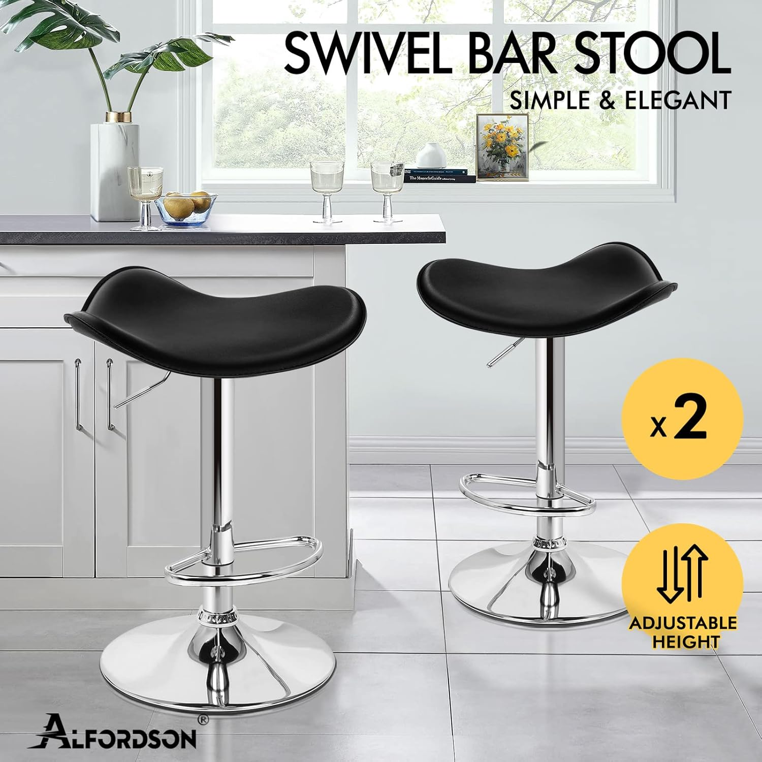 ALFORDSON 2Pcs Bar Stool PU Leather Kitchen Barstools with Swivel Backless Seat in 54-74.5Cm Adjustable Height Counter Dining Chairs with Footrest & Floor Protector (Portia Black) - 2 X Portia Black image number 3