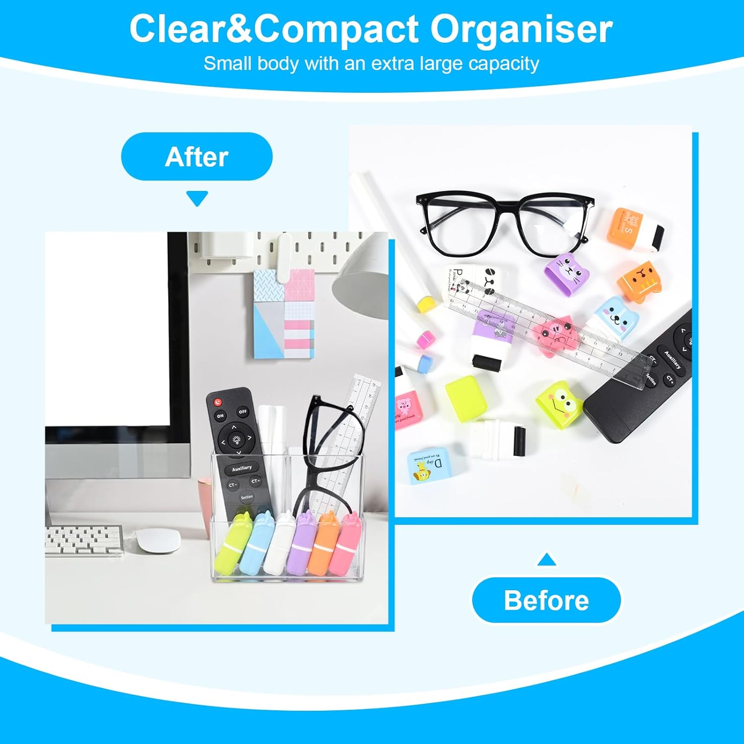 Marte Vanci Pen Pencil Holder, Acrylic Pen Holder Clear Makeup Brush Holder Desk Organiser Pen Pot Stationery Art Supply Storage with 2 Magnetic Squares Desktop Accessories 3 Slots Clear 1 Pack image number 4