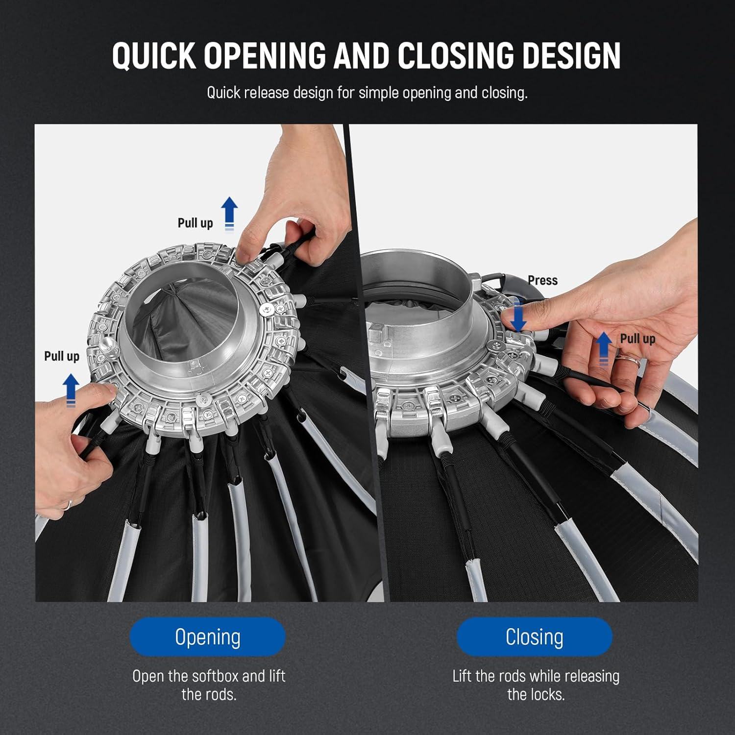 NEEWER 22Inch/55Cm Parabolic Softbox Quick Set up Quick Folding, with Diffusers/Grid/Bag, Compatible with Aputure 60X S 150C 300C NEEWER RGB CB60 MS60B MS60C CB200B and Other Bowens Mount Lights image number 4