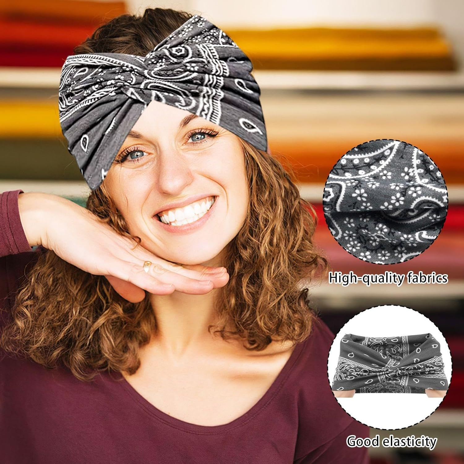 Pack of 6 Printed Headbands for Women, Retro Headbands, Yoga Sports Headbands, Non-Slip Sweat-Absorbing Headbands, Bohemian Style Hair Accessories with Wide Brim image number 5