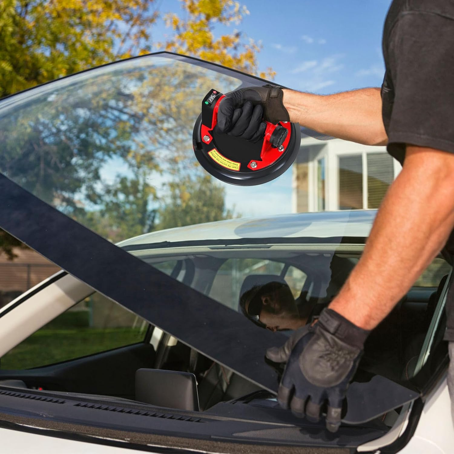 Electric Glass Suction Cup Lifter with Digital Display, 8IN Metal Handle Tile Suction Cup with Automatic Air Pumping Function, Suction Cup Handle for Glass/Granite/Tile/Metal Plate/Windshield, 1 Pack