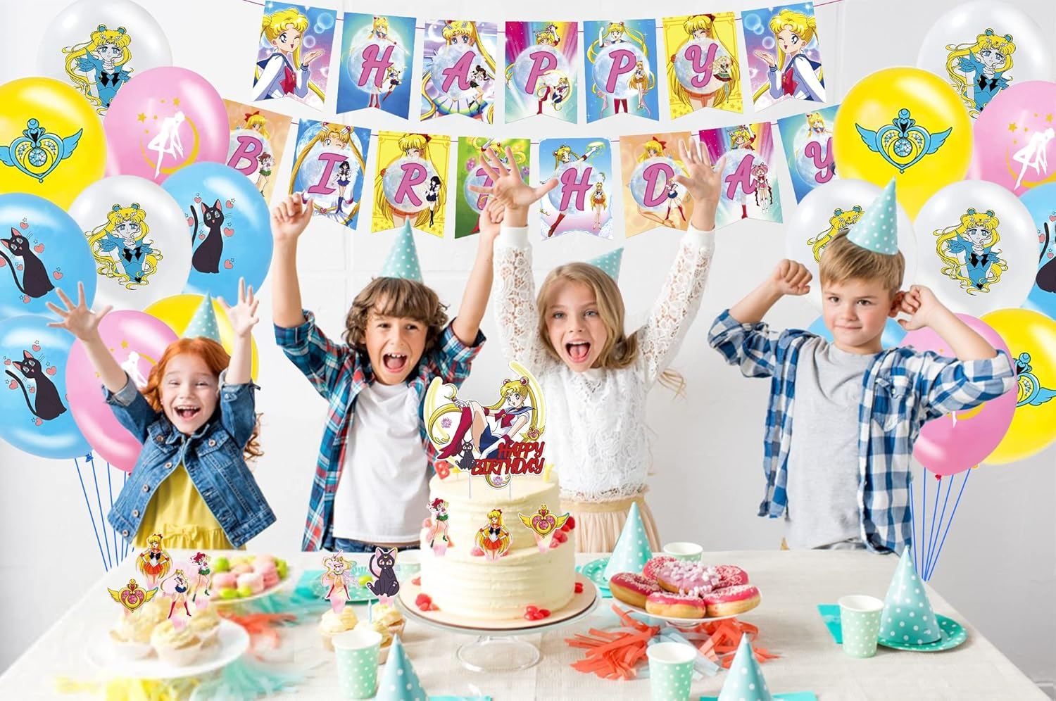 Sailor Moon Birthday Party Decoration Set - 34 Pieces Including Balloons, Happy Birthday Banner, Cake and Cupcake Decorations for Children'S Theme Party image number 3