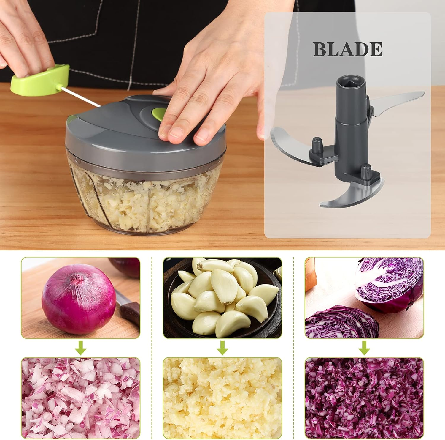 Manual Food Chopper Hand String Onions Cutter for Vegetable Fruits Nuts Durable BPA Free Food Safe Material (2 Cup-Gray) image number 4