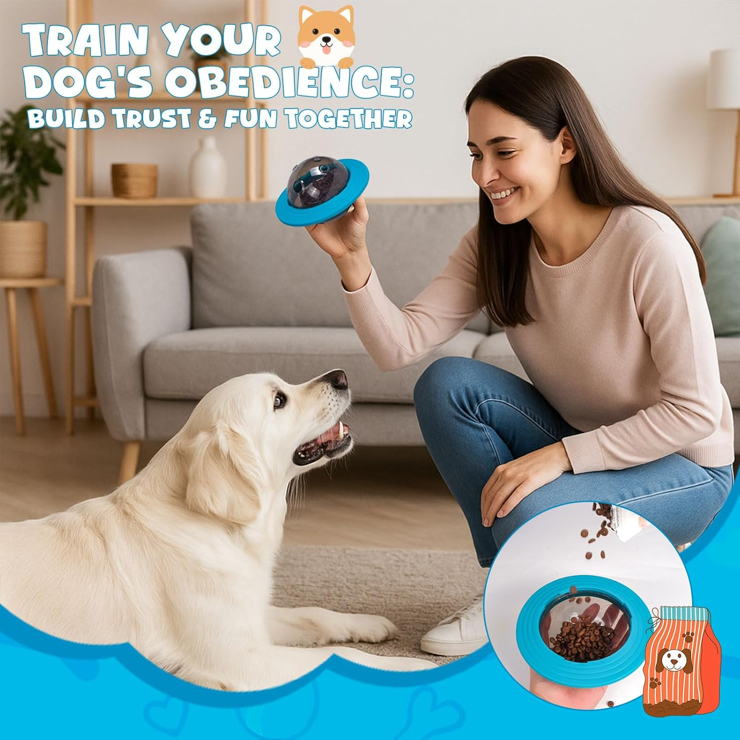 Interactive Dog Puzzle Toy, Ufo-Shaped Treat Dispenser Ball, Mental Stimulation and Training Toy for All Breeds (Blue) - Green image number 6