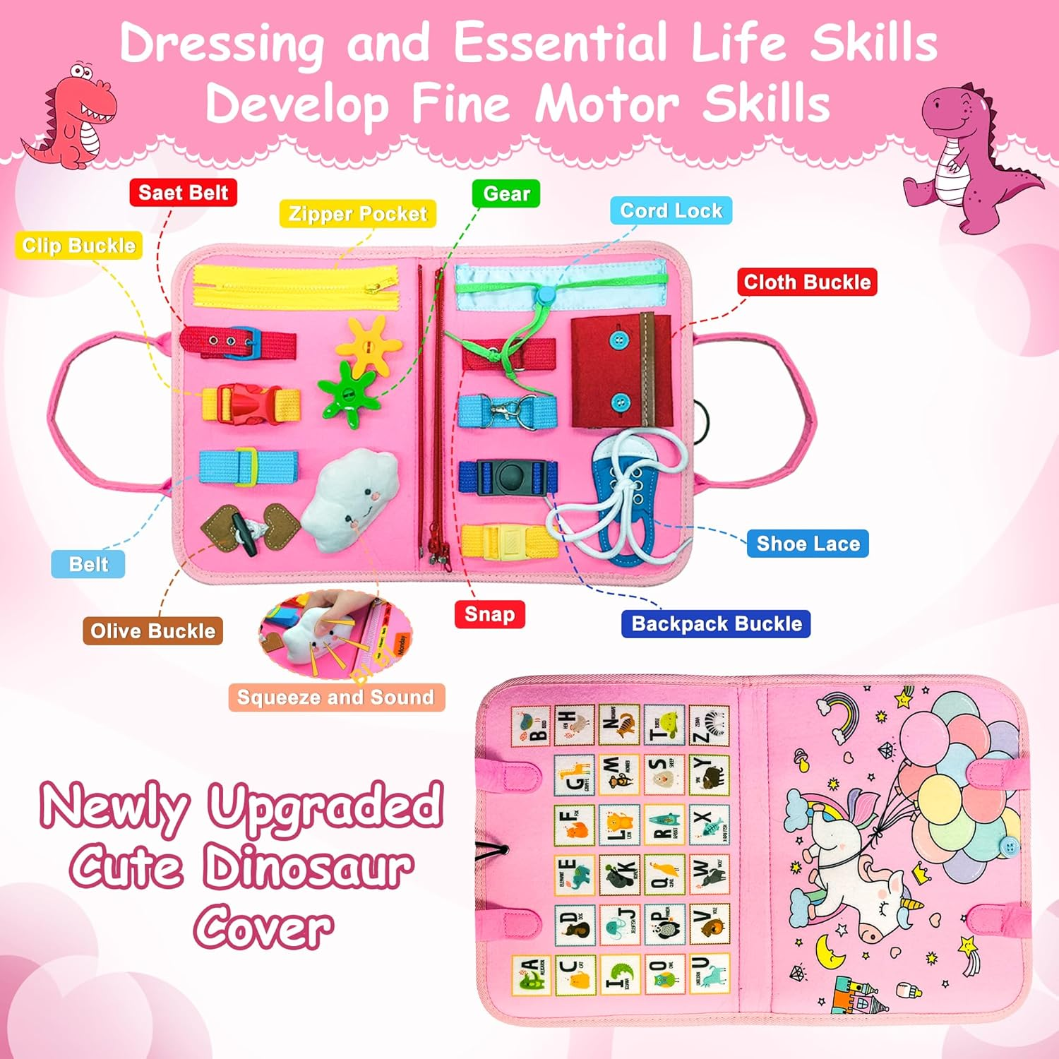 Busy Board Montessori Toys for Toddlers, 9 in 1 Busy Book Early Education Learning Travel Toy,Activity Sensory Board Book Preschool Toys for Boys Girls 1 2 3 4 Years Old (Pink Unicorn) image number 4