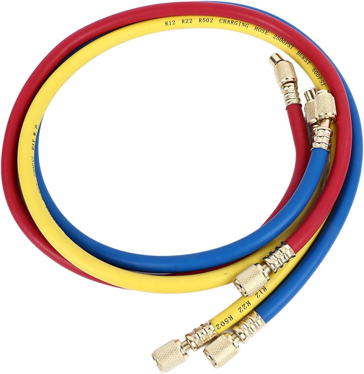 AC Charging Hoses Tube, 3Ft Refrigerant Charging Hose, Fits for R22 Refrigeration Tri Color, Car Air Conditioning and HVAC Manifold Gauge Hose Kit, Red, Yellow, Blue (Pack of 3) image number 3