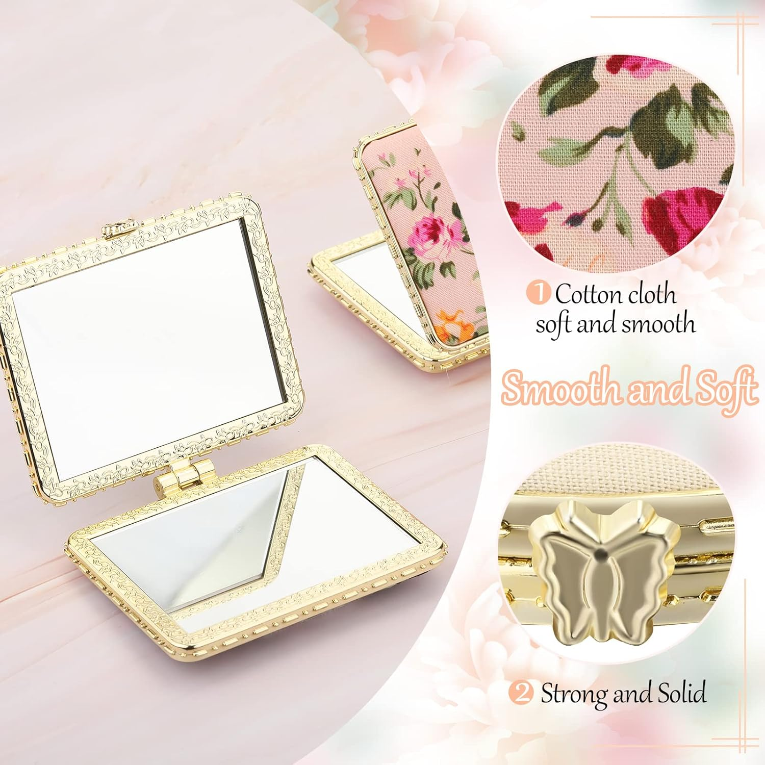 Blulu 8 Pieces Compact Mirror Bulk for Purse Flower Small Floral Retro Folding Portable Pocket Mirror for Women Girls Travel Gift(Gold Edge) - Gold Edge image number 3