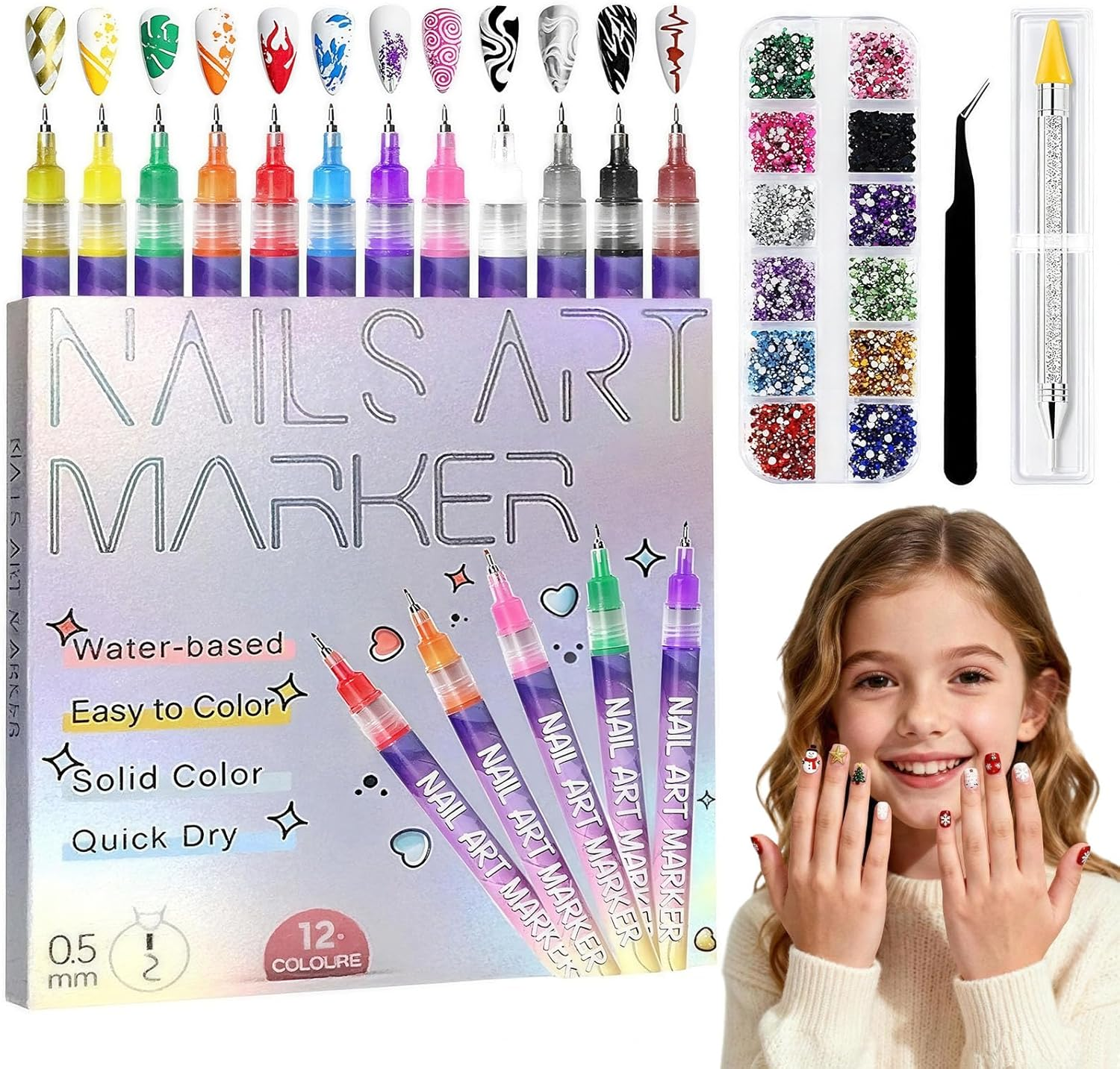 12 Colors Nail Art Pens Set, Quick-Dry Nail Art Markers Polish Pens for Dotting, Line Drawing, Painting & DIY Nail Design Tools (24Pcs)
