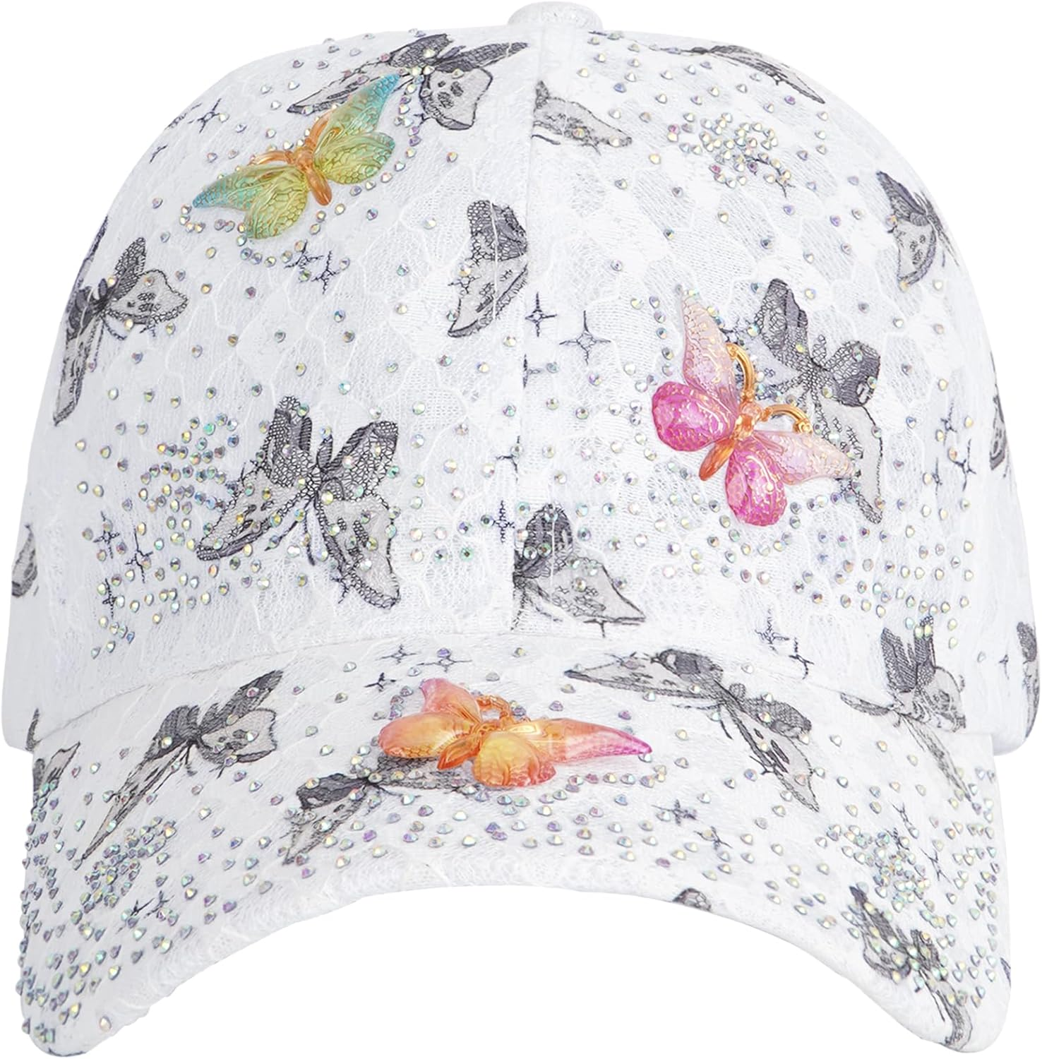 Meliyya Mesh Baseball Cap Rhinestone Butterfly Baseball Cap Summer Sequins Shield Cap Men Women One Size Adjustable - A08228-White image number 6