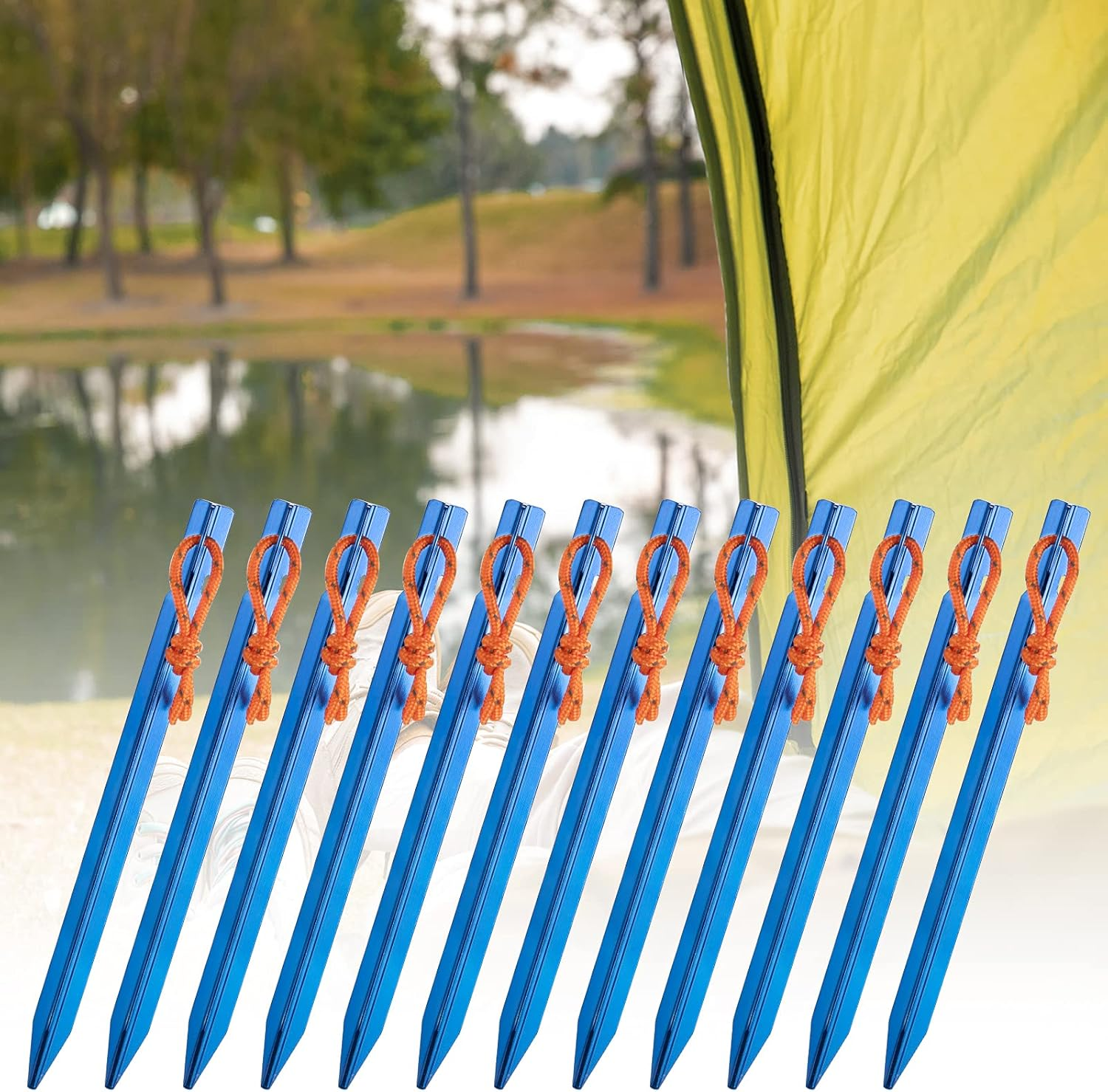12 Pieces Tent Pegs, Y-Shaped Heavy Duty Tent Pegs Aluminium Alloy Blue Camping Tent Stake Nail with Reflective Rope for Camping, Outdoor, Beach and Hiking