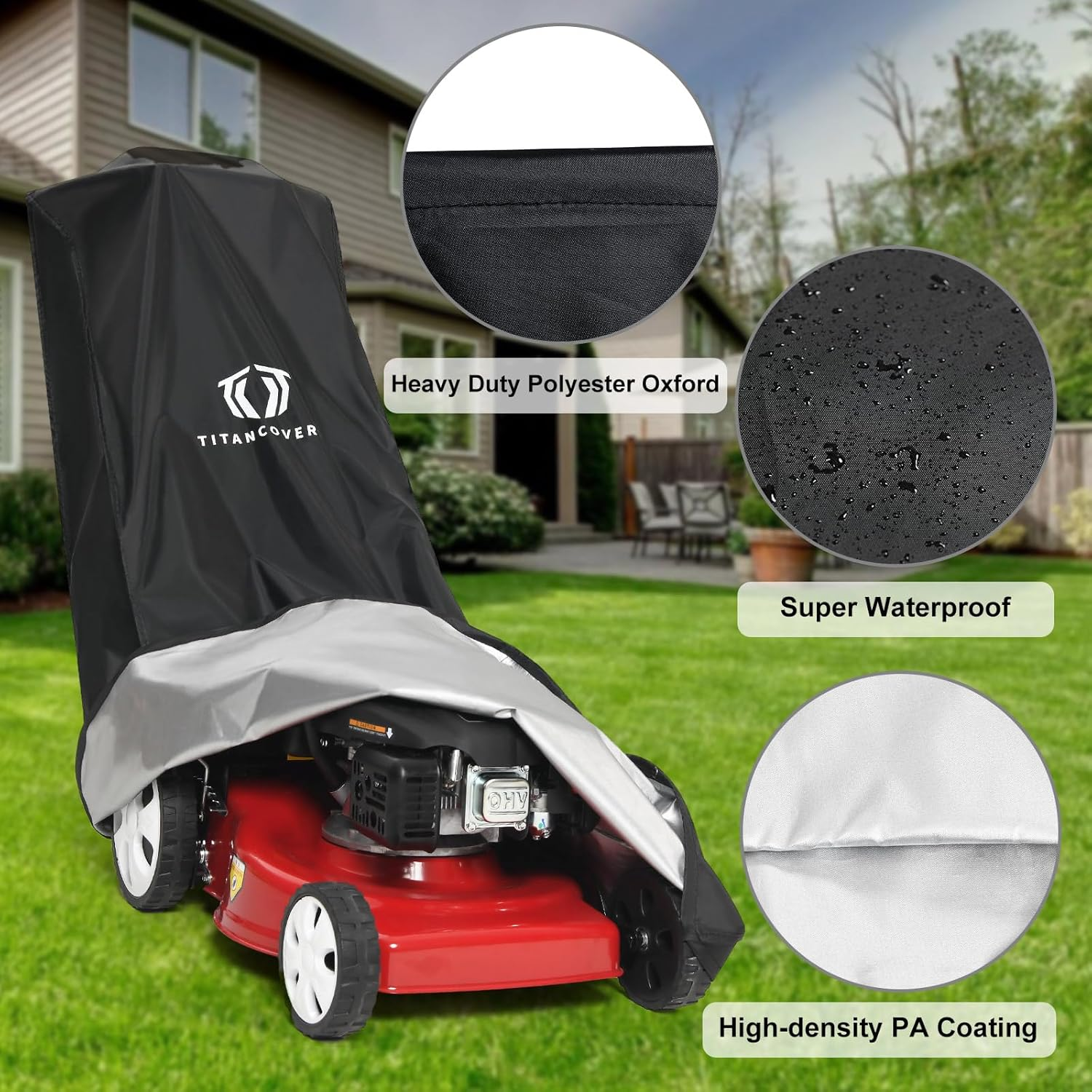 Titancovers Lawn Mower Cover with PA Coating & Double Drawstring & Storage Bag, Heavy Duty 600D Polyester Oxford Push Mower Cover, Waterproof Lawnmower Covers for Outdoor image number 1
