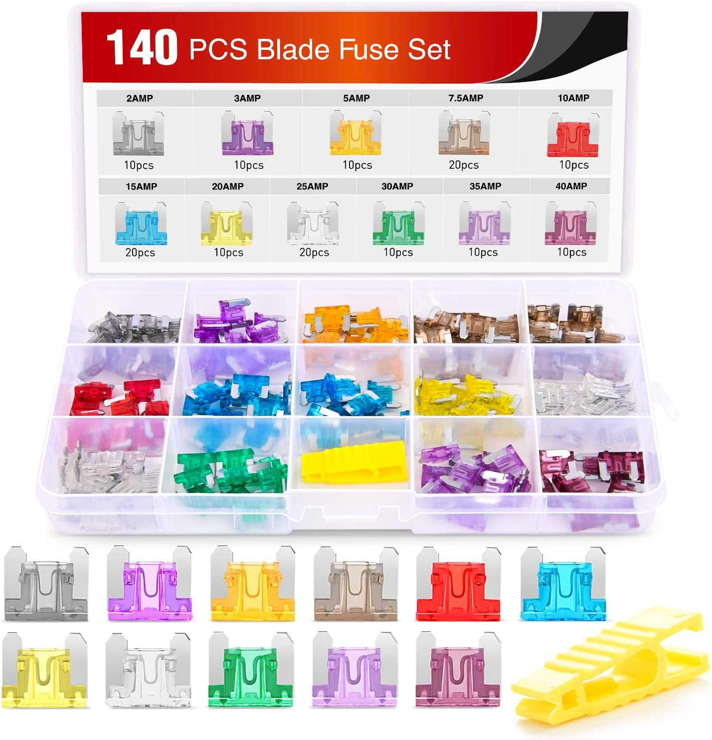 Nilight - 50014R 140Pcs Low Profile Mini Blade Fuse Assortment, 2A 3A 5A 7.5A 10A 15A 20A 25A 30A 35A 40A Mini Blade Fuses for Car Boat Truck SUV Automotive image number 2