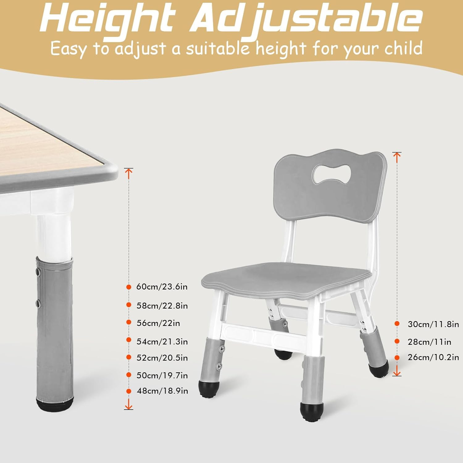 Adjustable Kids Table and 2 Chairs Set, 7-Level Height Table for Kids, Plastic Toddler Desk and Chair Set Ages 2-8, Art Table with 2 Seats, Ergonomic Backrest, Graffiti Surface, Gray, 60 X 80Cm image number 6