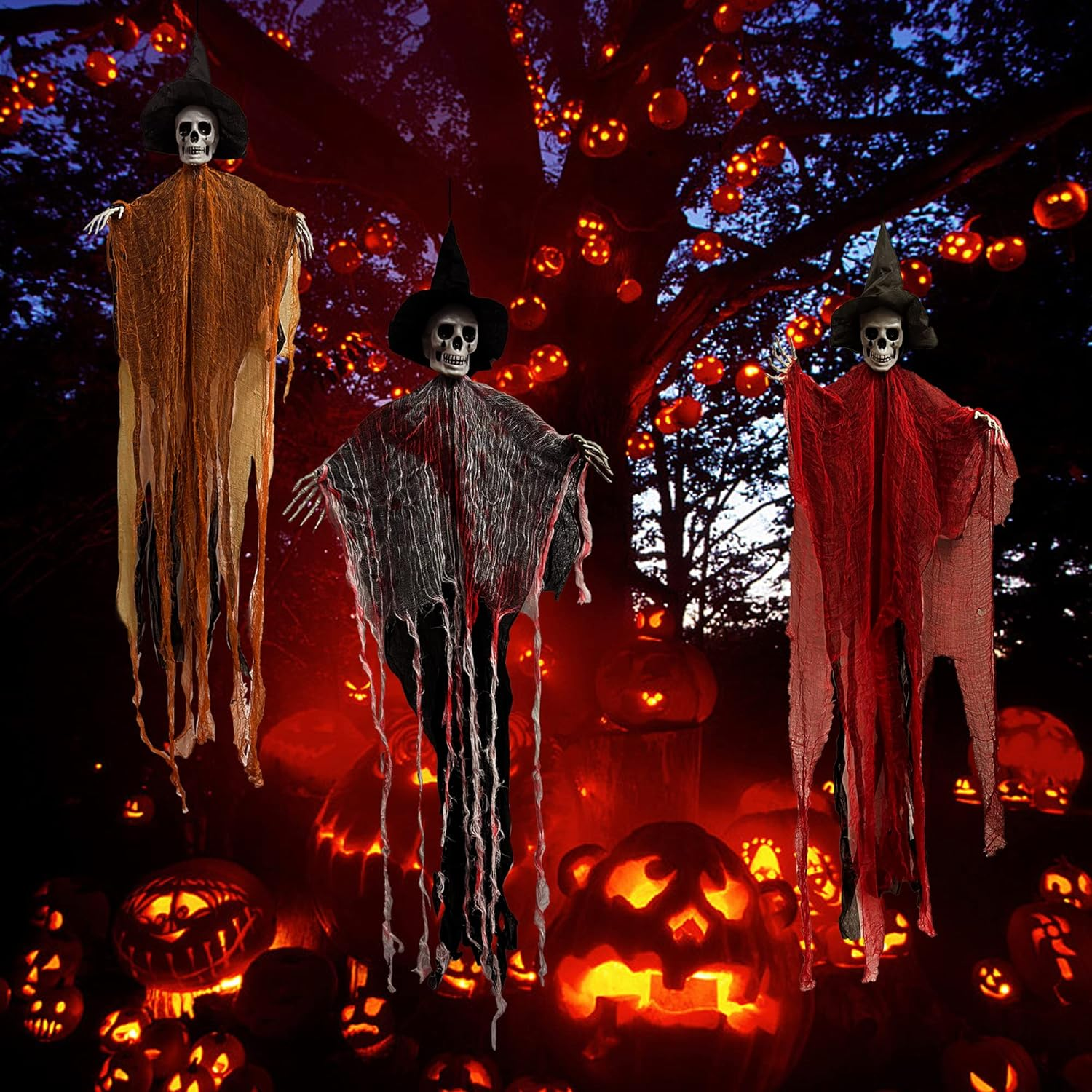 3 Pack Halloween Hanging Grim Reapers, 47" Hanging Ghost Decorations with Hat for Halloween Indoor/Outdoor Haunted House Prop Decor image number 5