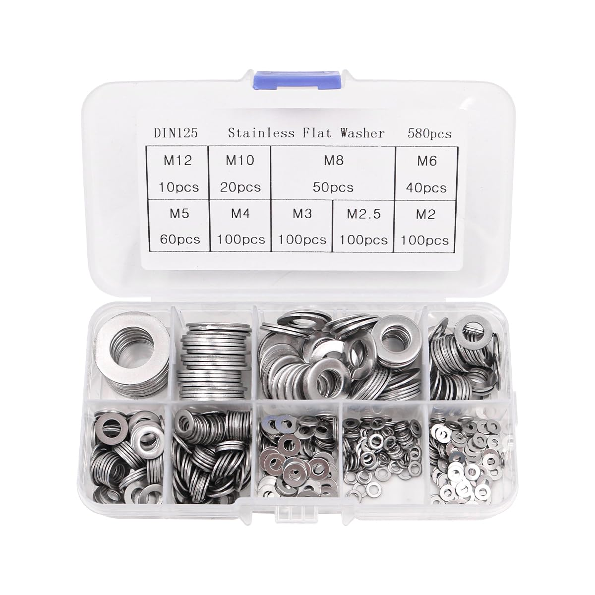 580 Pcs NUZAMAS Stainless Steel Flat Washers Set M2-M12 9 Sizes round Metal Screw Washer Kit with Storage Box for Home Decoration Factories Repair Kitchens image number 5