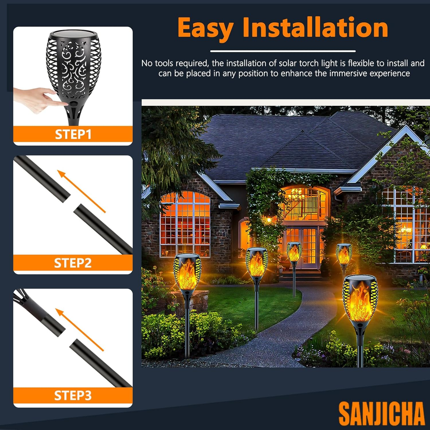 SANJICHA 4 Pack Super Larger Size Solar Flame Torch Extra Bright Tiki Lights Outdoor Decorative with Flickering Flame, Solar Outdoor Lights Waterproof Lamps for Outdoor Use Garden Pathway Yard image number 1