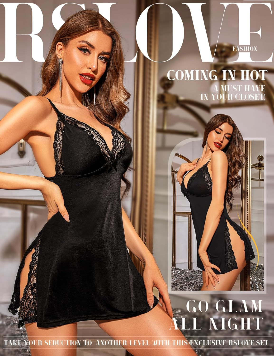 RSLOVE Women'S Lingerie Sexy Nightgown Lace Babydoll Deep V Chemise Side Slit Nightie Sleepwear image number 2