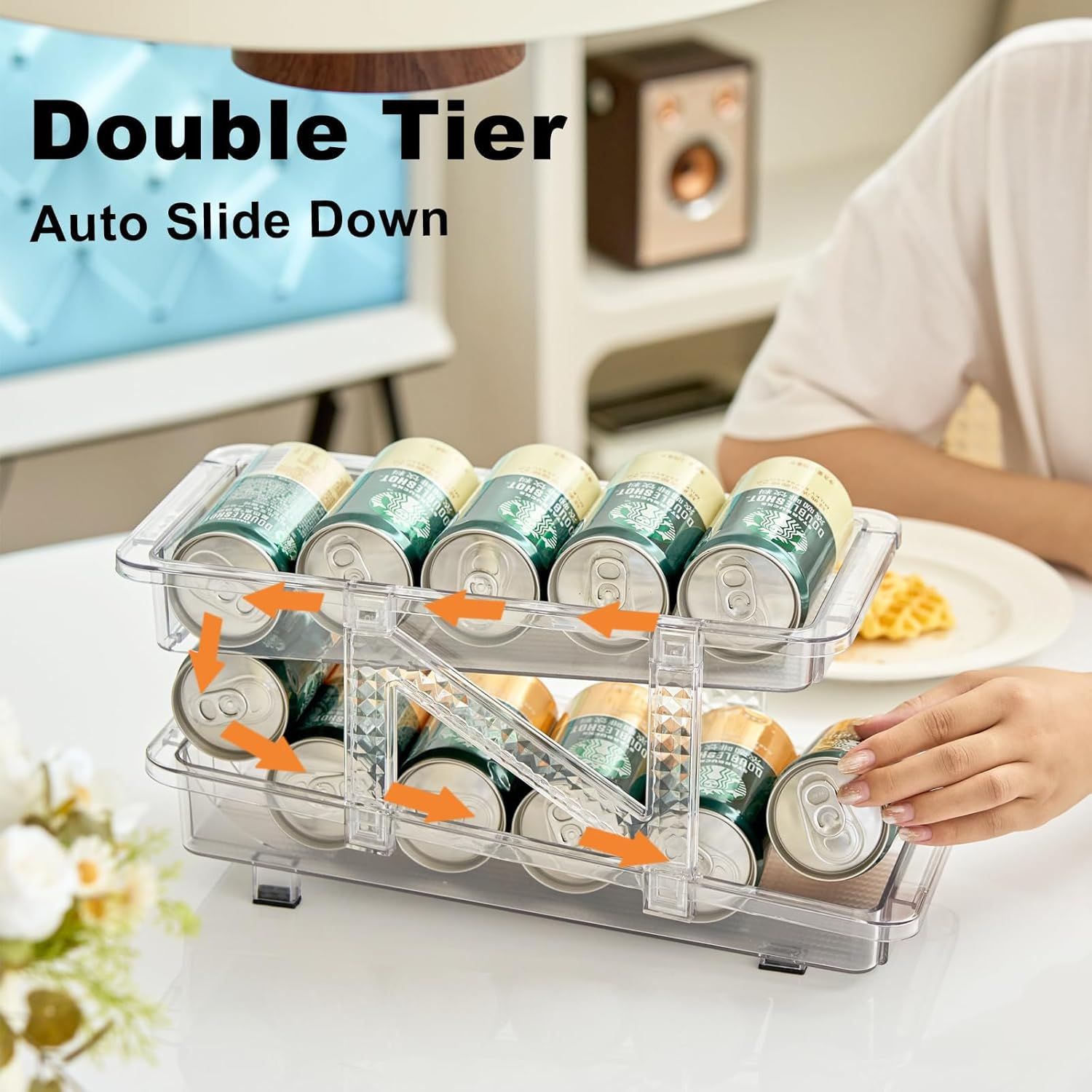 Soda Dispenser with Adjustable Width,Refrigerator Can Organiser,2-Layer Automatic Rolling Can Organiser Retractable Storage for Freezer,Kitchen, Fridge, Pantry, Cabinets, Clear image number 4