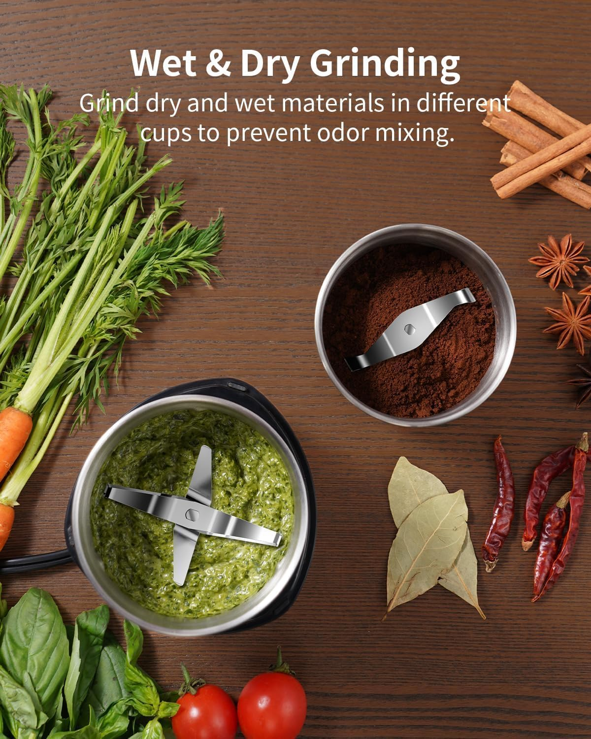 Electric Coffee Grinder & Spice Grinder, 3.5Oz /100G Capacity, Dual Leaf Stainless Steel Blade for Coffee Beans, Herbs, Nuts, 2 Removable Stainless Steel Bowls - Perfect for Home, Kitchen, Camping image number 3
