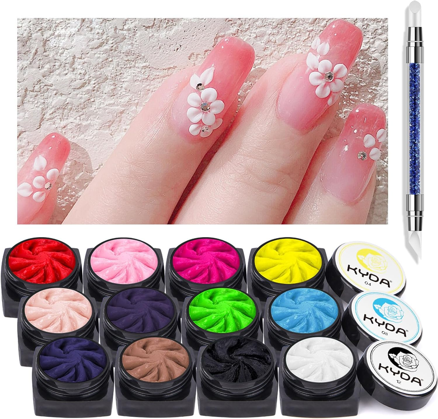 Ownest 12 Colors Sculpture Painting Nail Gel Set,3D Nail Carved Gel Sculpture Creative Painting Glue Soak off Uv,With 1 Carved Painting Pen-5G