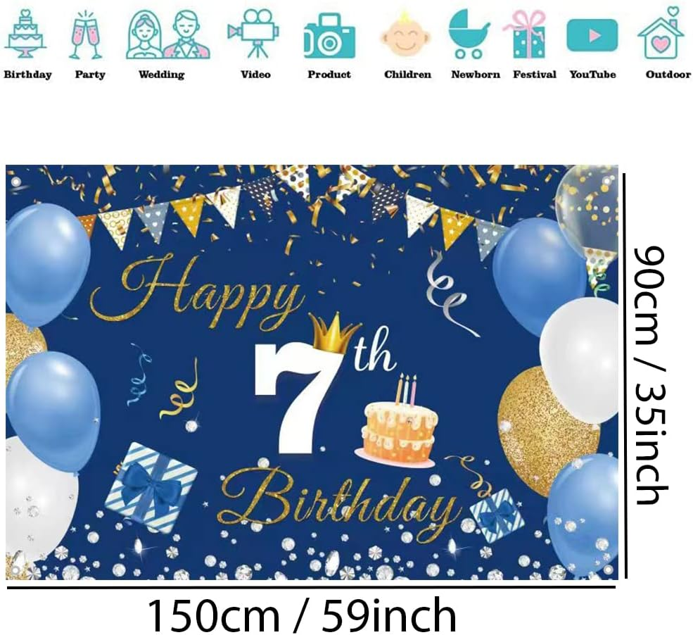 7Th Birthday Decorations Happy 7Th Birthday Backdrop Banner for Boys/Girls Happy 7 Years Old Fabric Sign Poster, Blue Photography Background Seventh Birthday Party Supplies, 59"X35.4" image number 3
