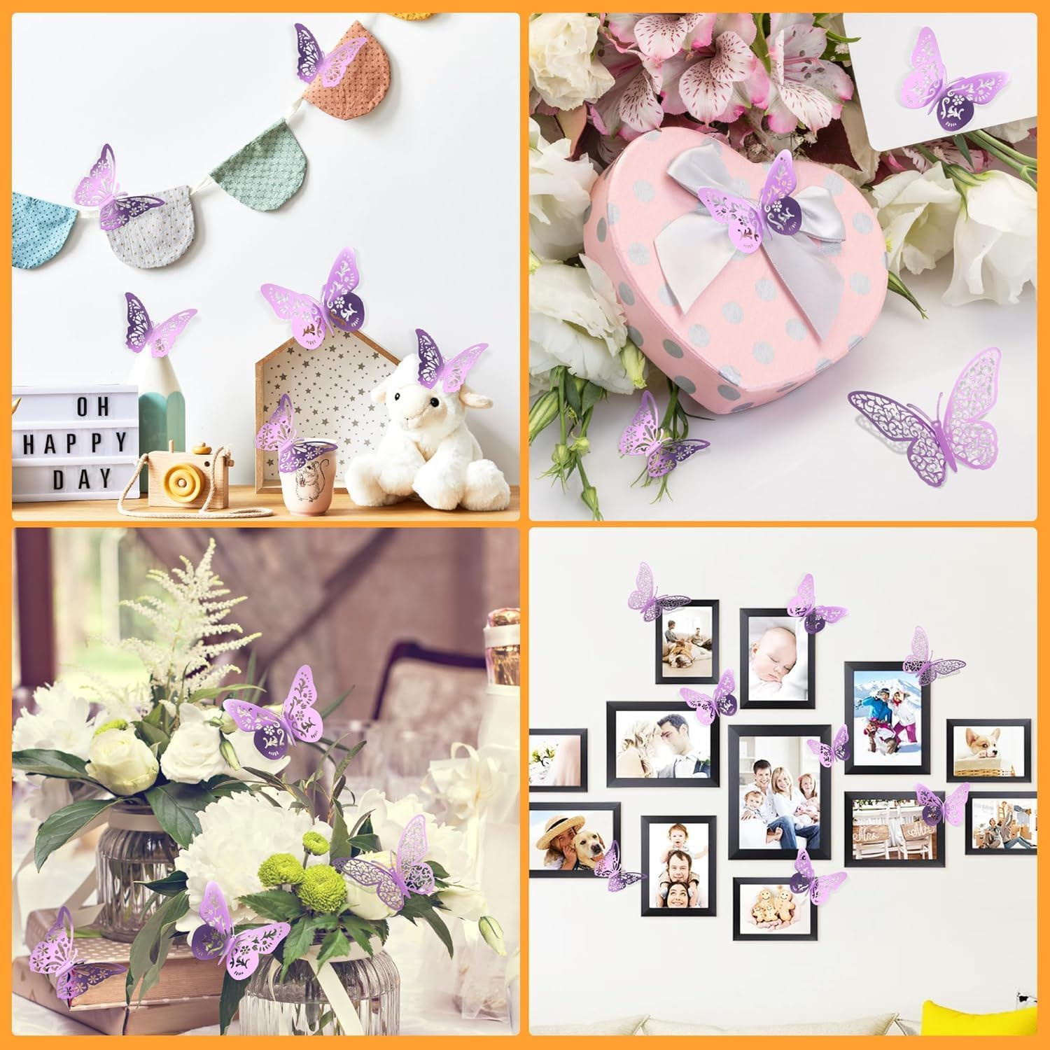 Quhoxdye 72 Pcs Gold Butterfly Decorations - 3 Sizes, 3 Styles, 3D Wall Decor for Parties, Birthdays & Crafts,Butterflies for Crafts, Bouquet, Cake Decorating, Flower Arrangements, (Purple) - Purple image number 4